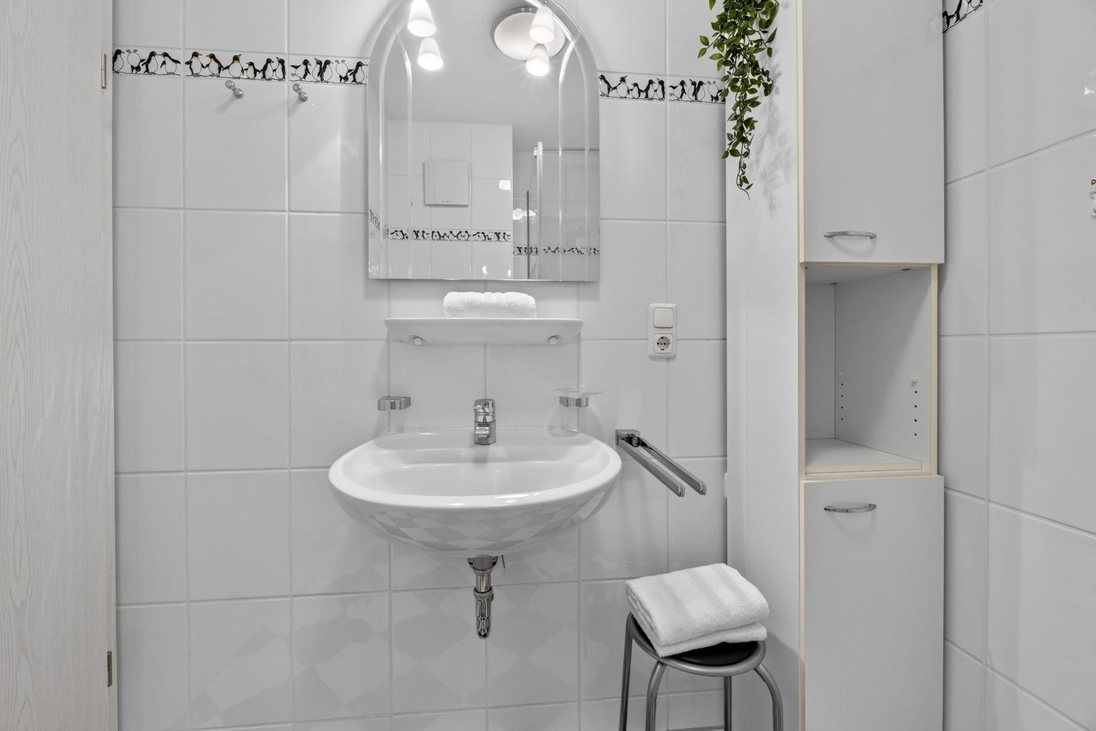 Badezimmer mit Waschbecken, Spiegel und Aufbewahrungskabinett.