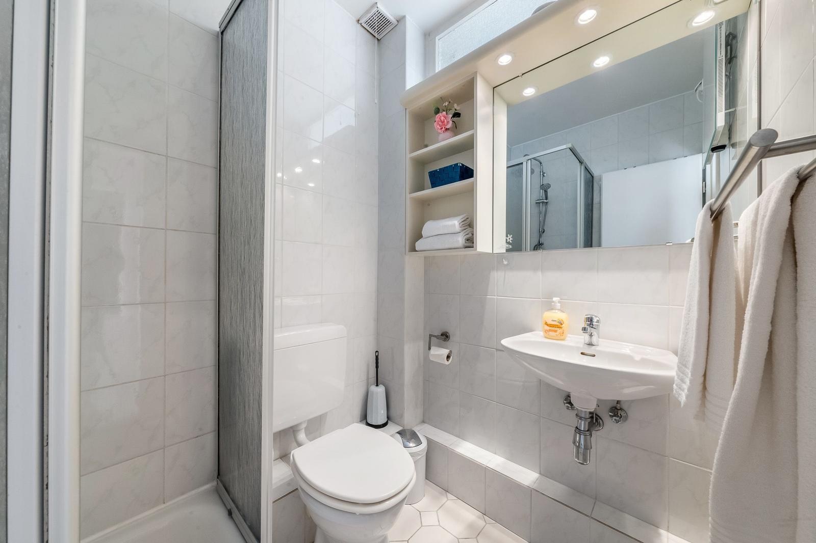 Bathroom with shower, toilet, and sink with mirror