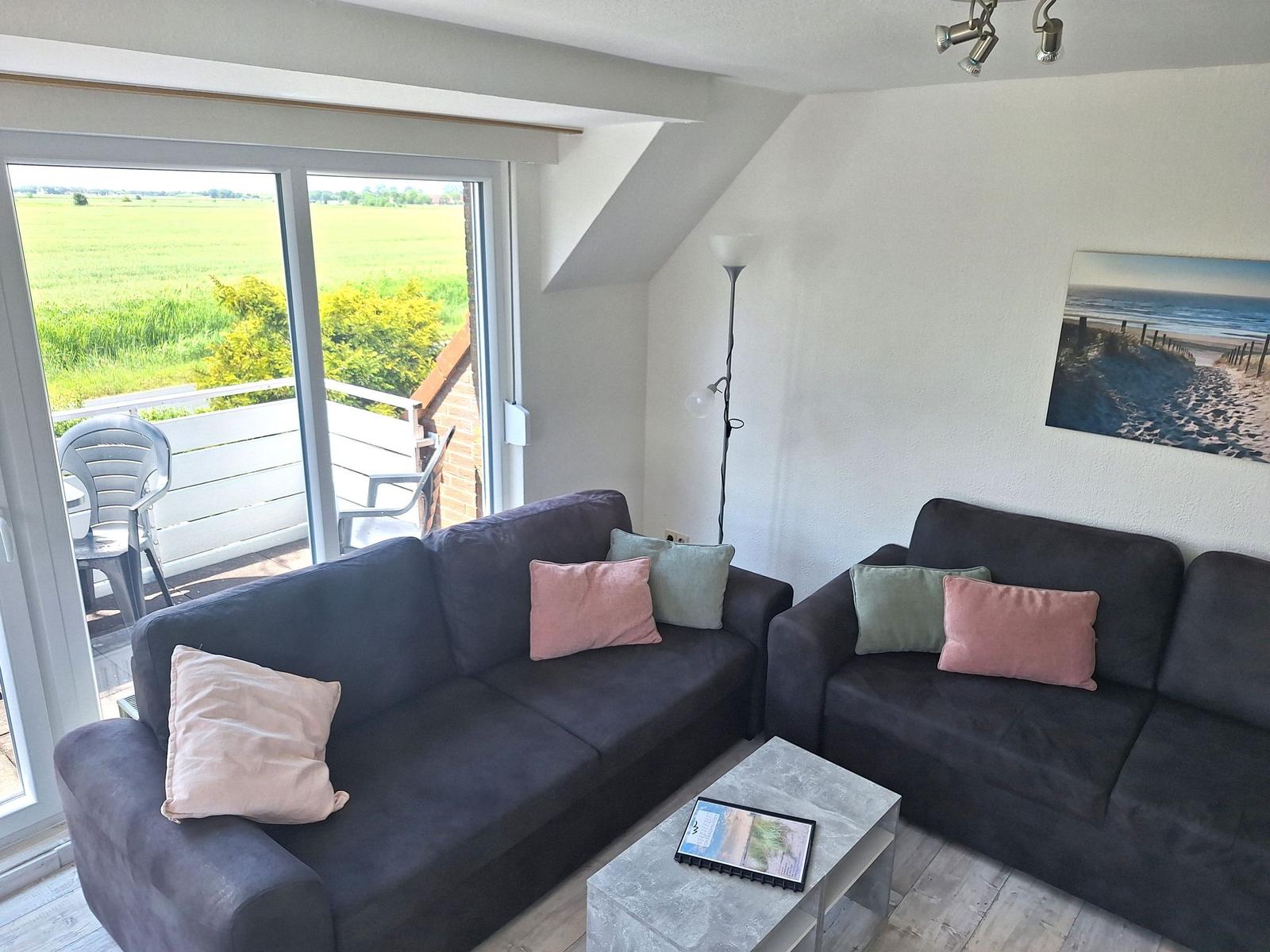 Zwei dunkle Sofas mit Kissen, Tisch und Blick auf Terrasse mit Grün.