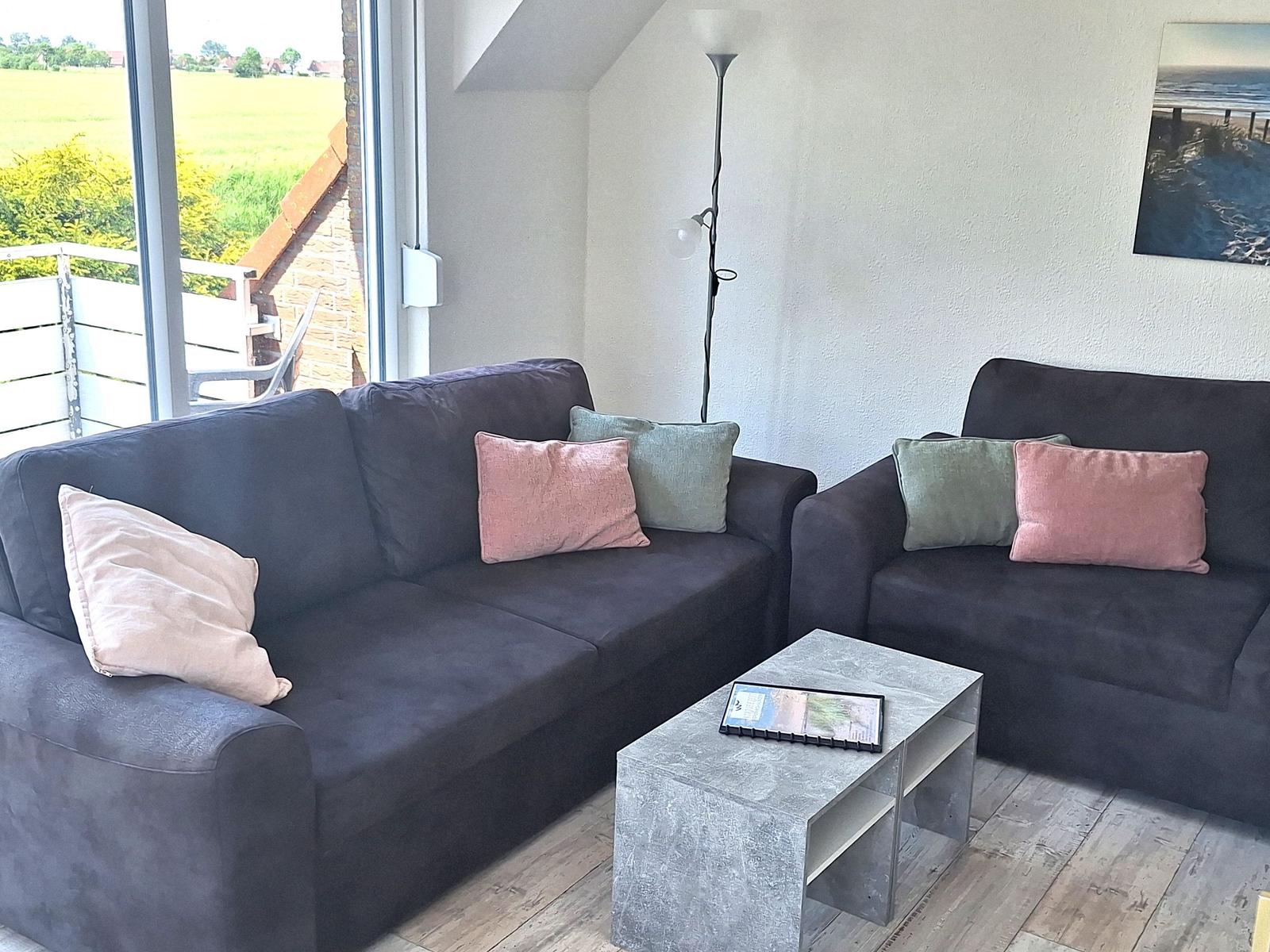 Zwei dunkelgraue Sofas mit Kissen, Couchtisch und Blick auf Balkon.