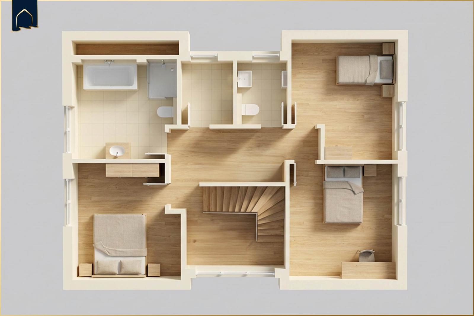 Zwei Schlafzimmer, eine Küche, ein Bad und eine Treppe sind im Grundriss zu sehen.