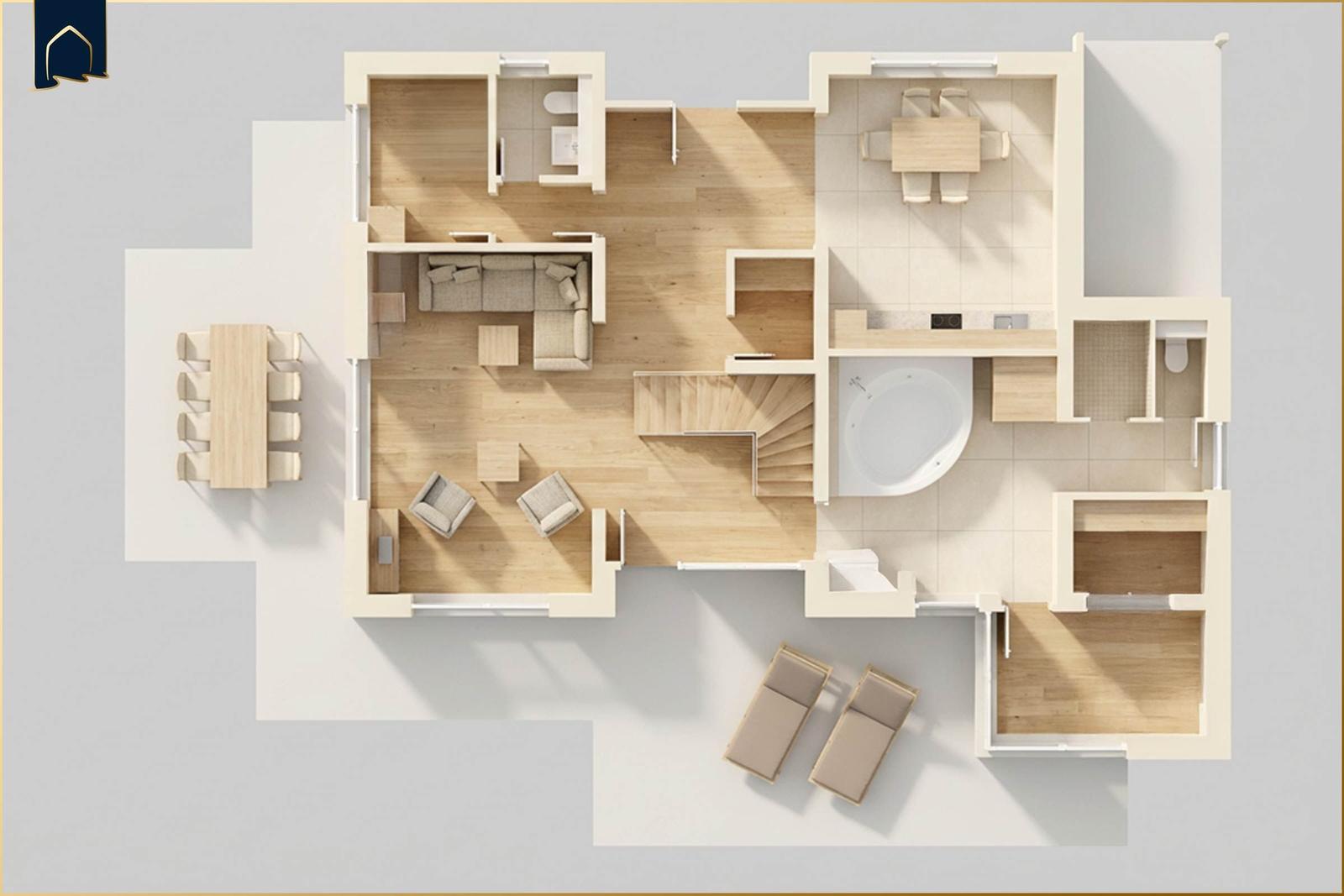 Dieses Haus hat eine offene Wohnküche, ein Bad mit Whirlpool, einen Essbereich und zwei Schlafzimmer.