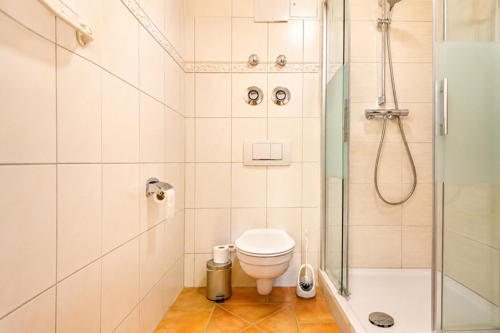 Badezimmer mit Dusche, WC und Toilettenpapierhalter.