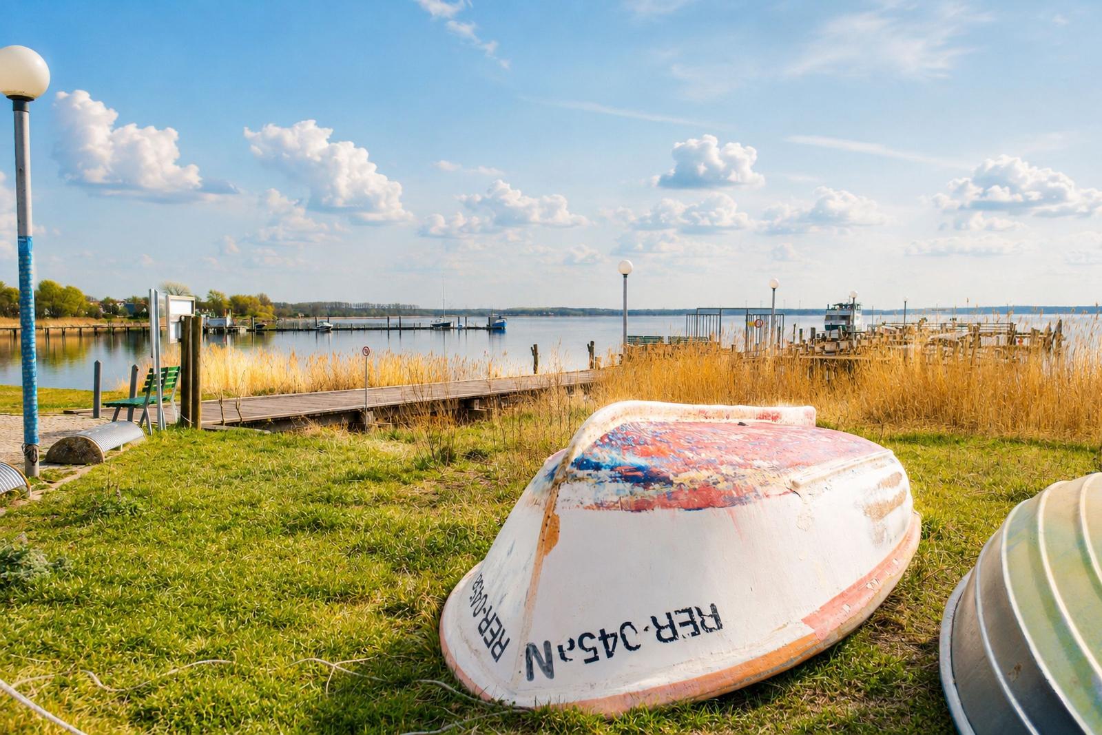 Ein weißer Ruderboot liegt auf dem Gras am Wasser. Im Hintergrund ist ein Steg und ein See mit Booten.