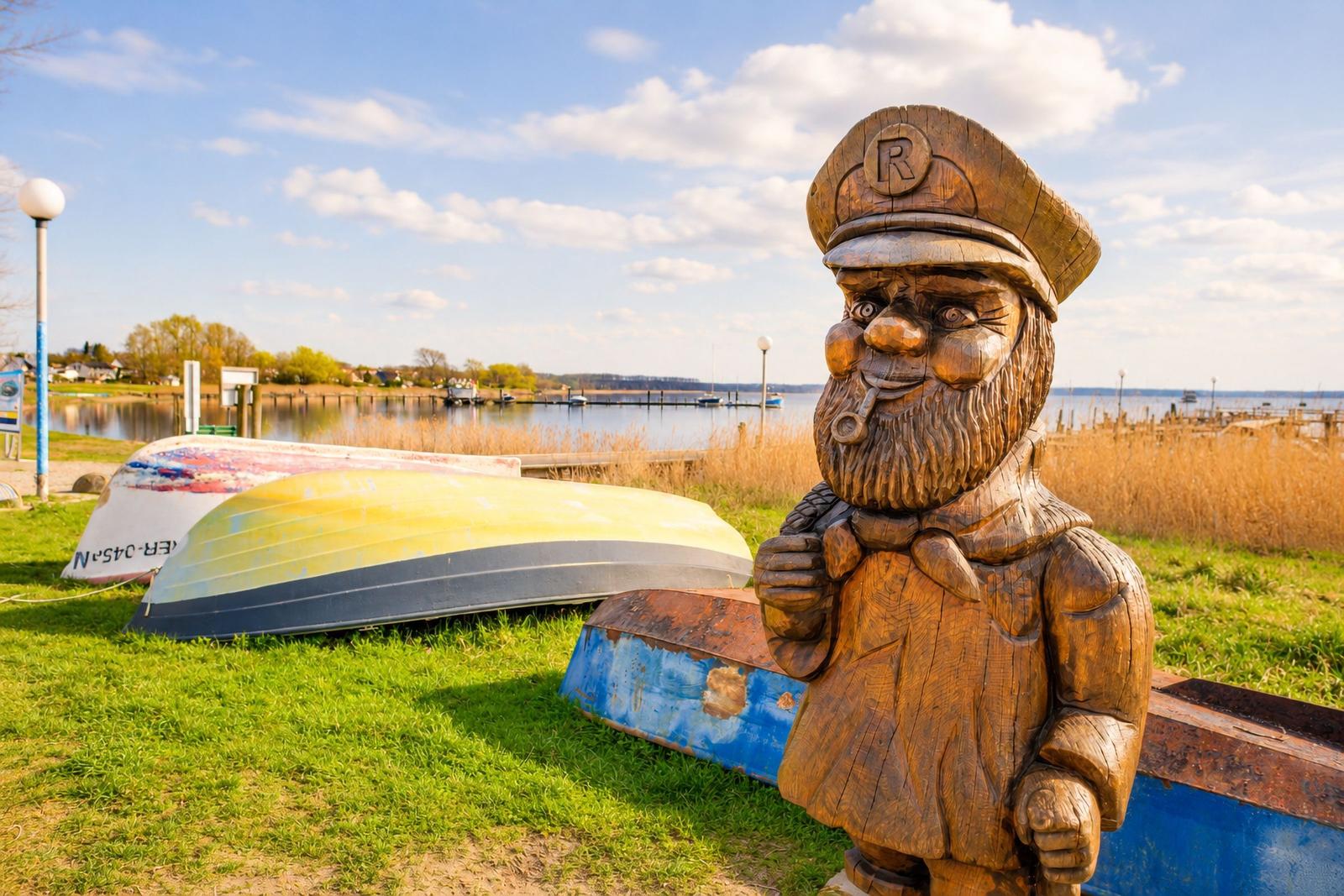 Holzfigur eines Steuermanns mit Schnauze, Bart und Mütze neben Booten am Wasser.