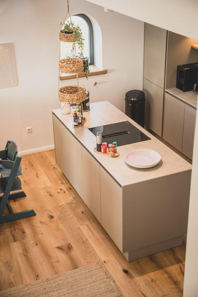 Küche mit Arbeitsplatte, Herd und Pflanzenregal