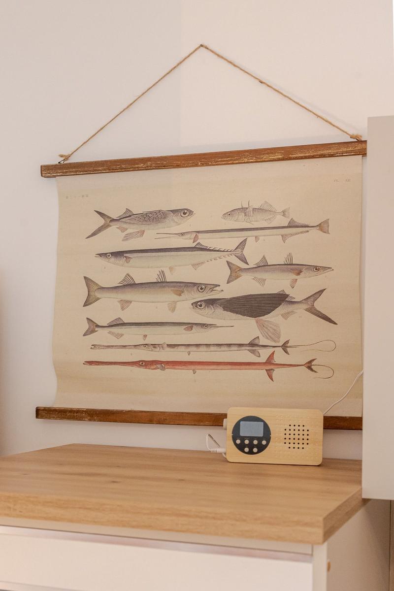 Wandbild mit Fischzeichnungen hängt über einem Holztisch mit Radiogerät.