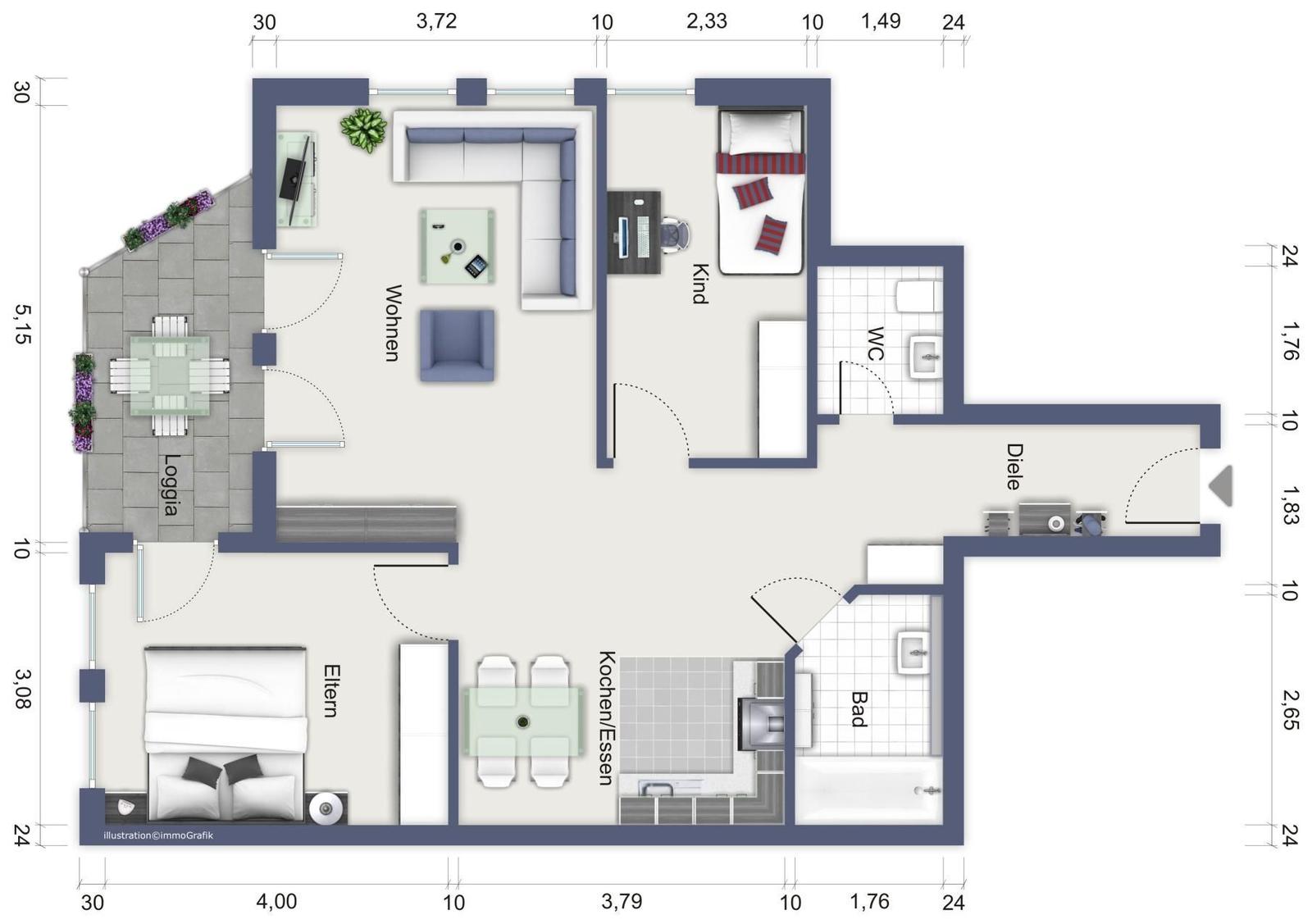 Apartment with living room, bedrooms, kitchen, and bathroom. Loggia and separate WC.