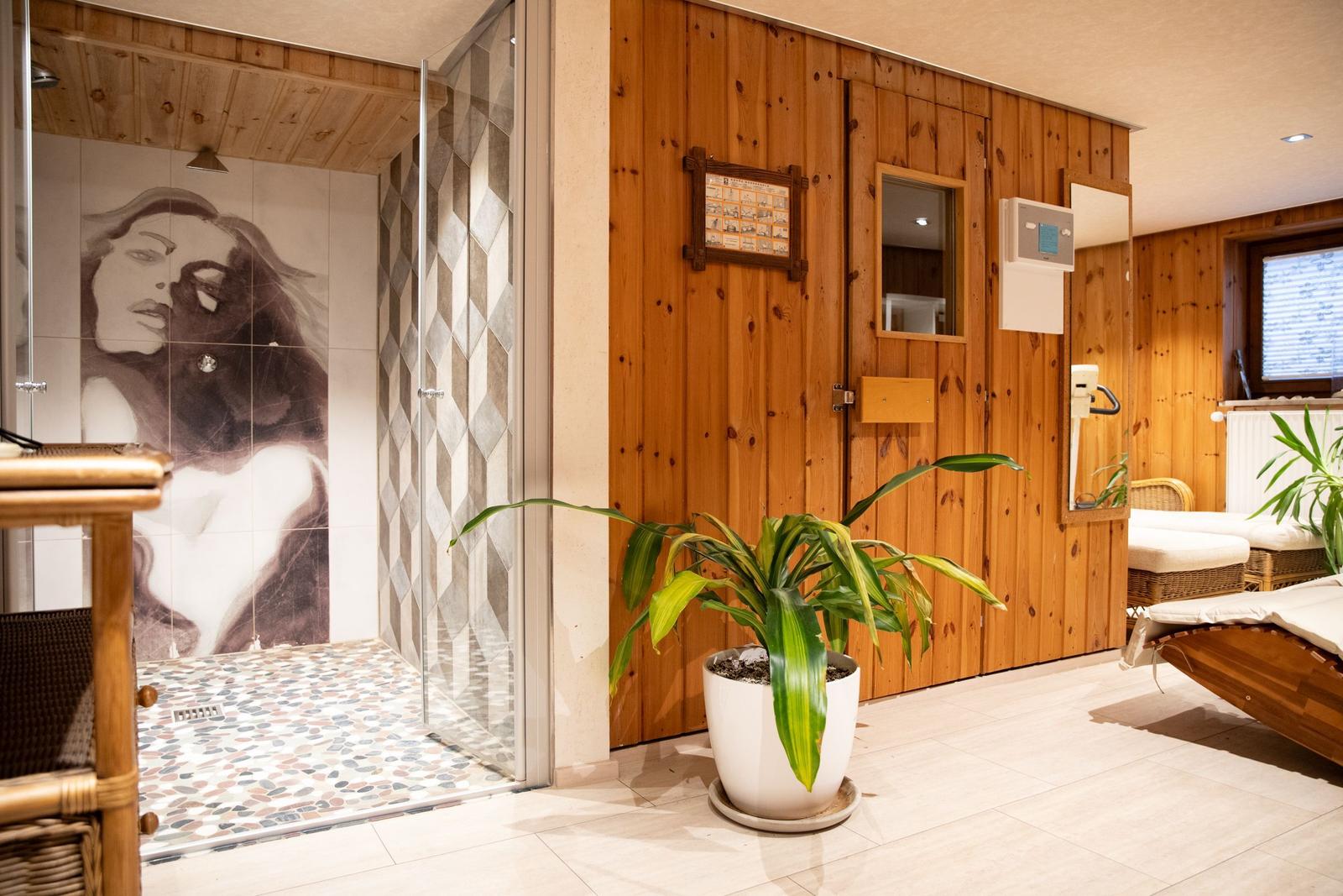 Dusche mit Mosaikboden und Wandbild. Holzwände, Pflanze und Liegebereich.