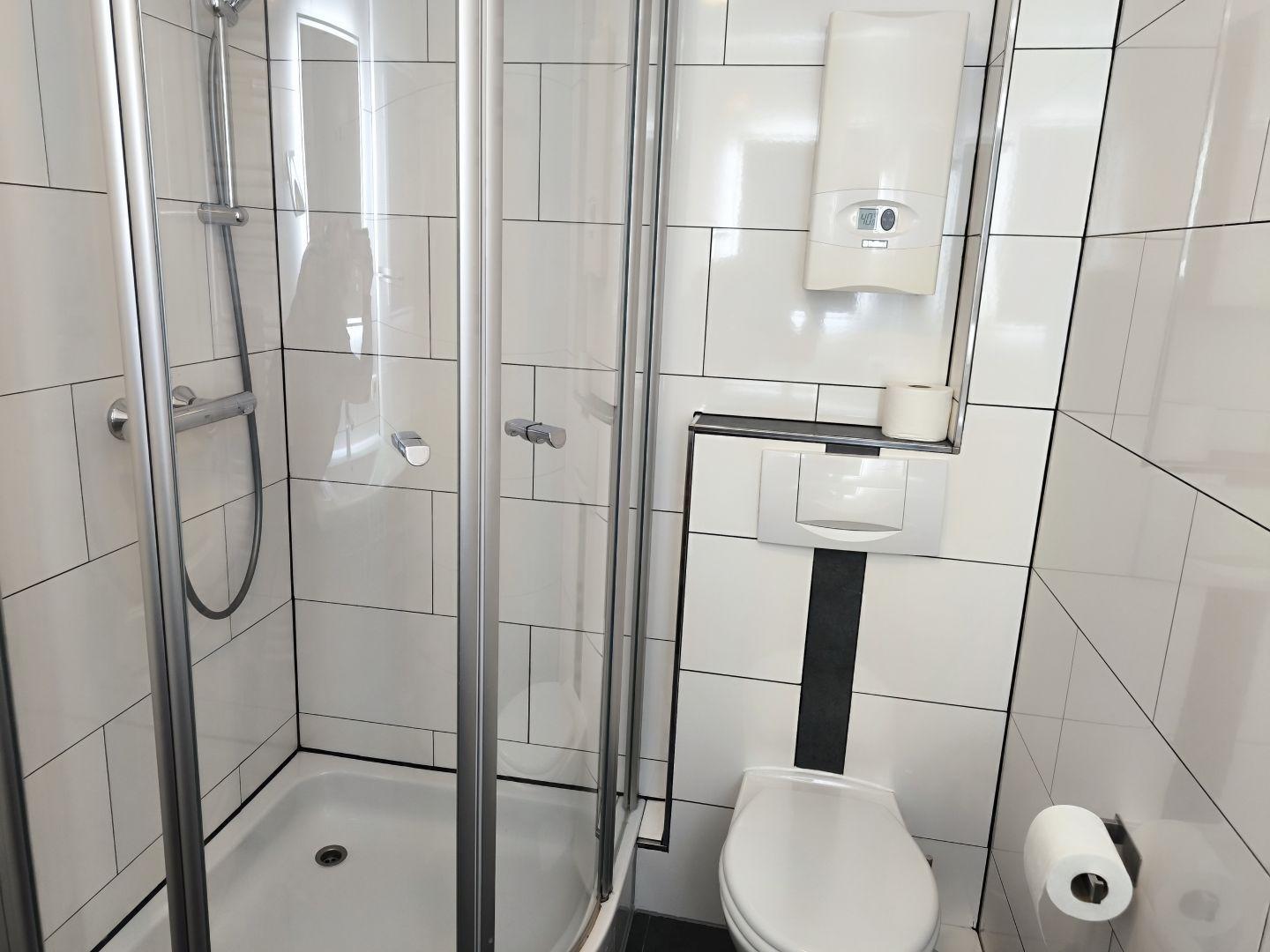 Dusche mit Duschbrause, Toilette und Toilettenpapierhalter an Wand.