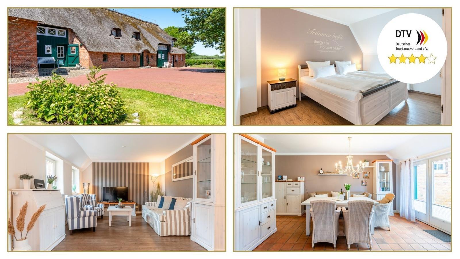 Ferienhaus mit strohgedecktem Dach, Schlafzimmer, Wohnzimmer und Essbereich mit Esszimmertisch.