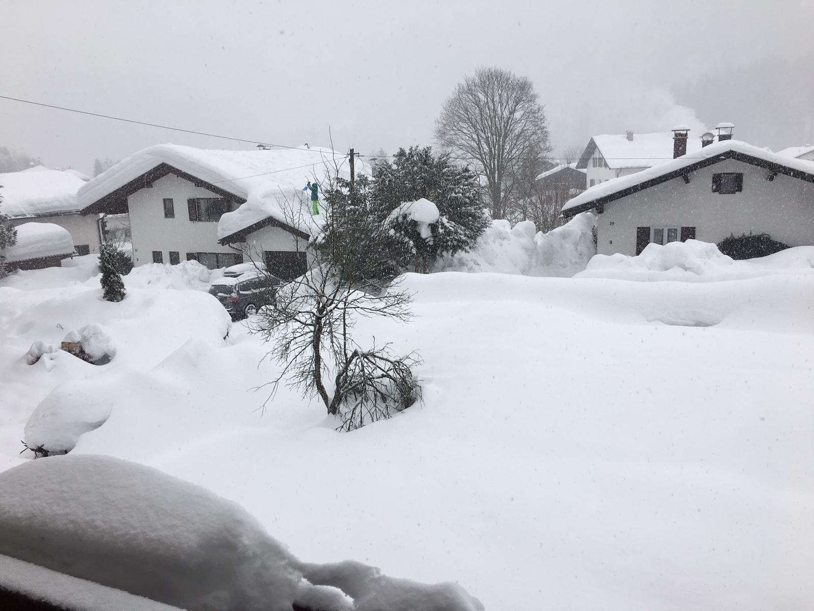 Schneebedeckte Häuser und Bäume in einer winterlichen Landschaft.