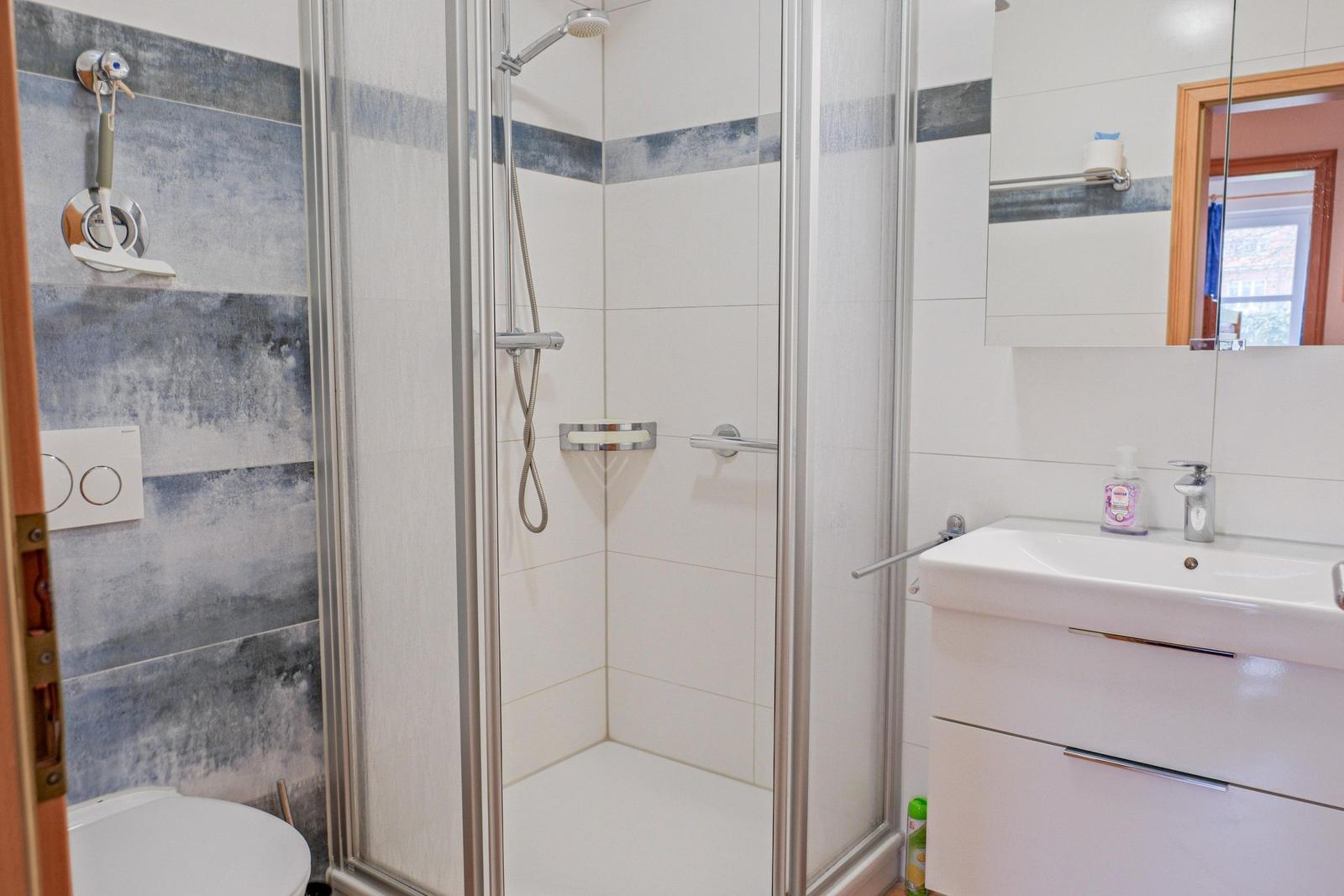 Badezimmer mit Dusche, Waschbecken und Toilette. Fliesen mit blau-weißem Muster.