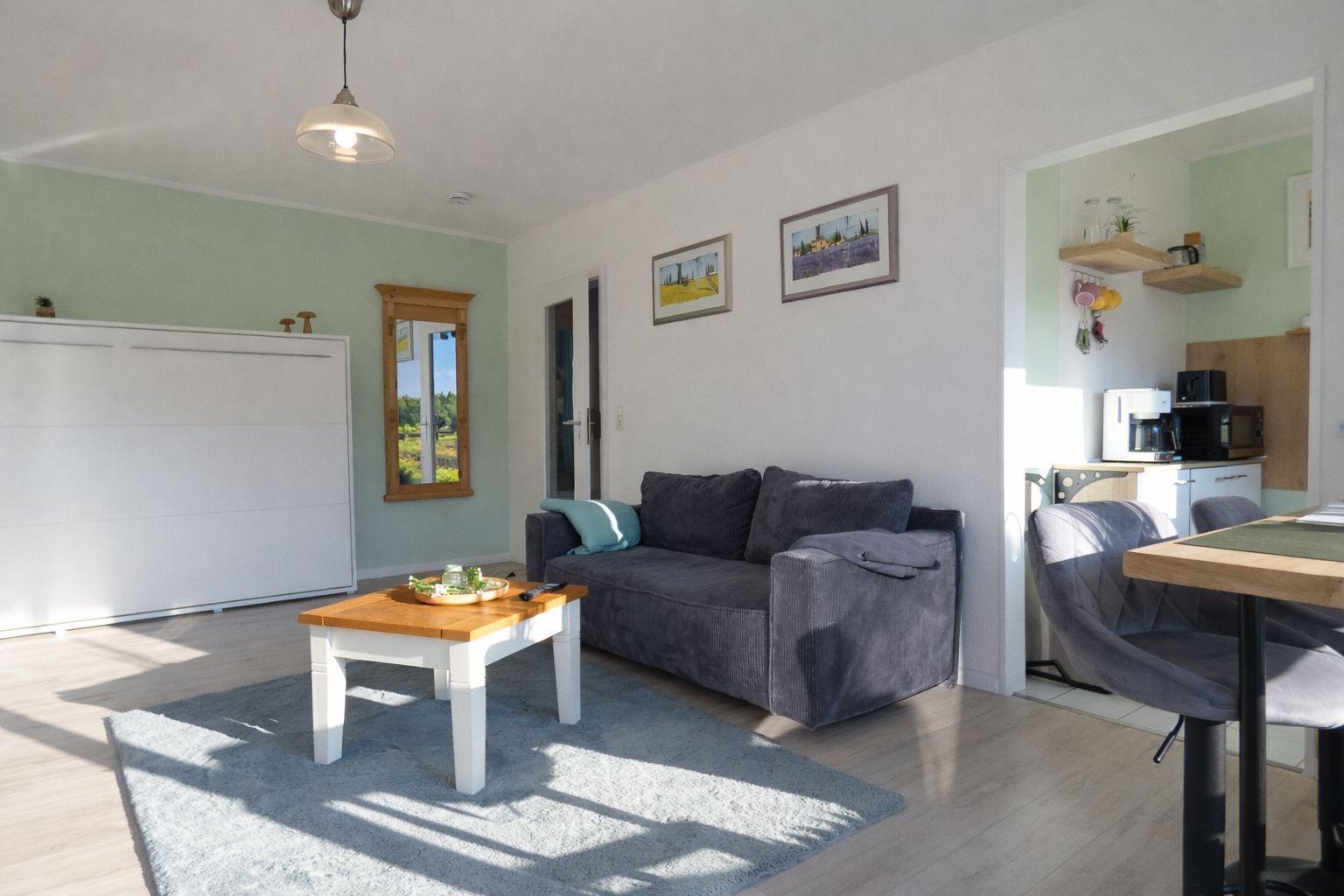 Wohnzimmer mit Sofa, Tisch und Küchenbereich