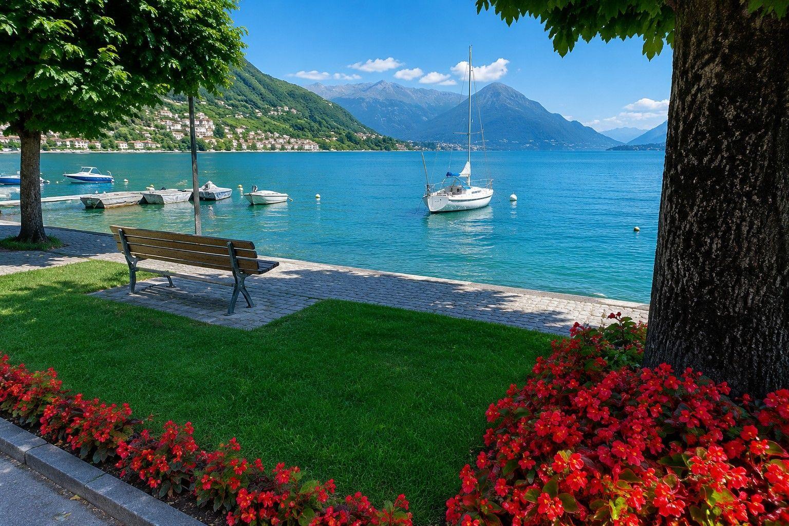 View of lake with boats, benches, and flower beds under trees.