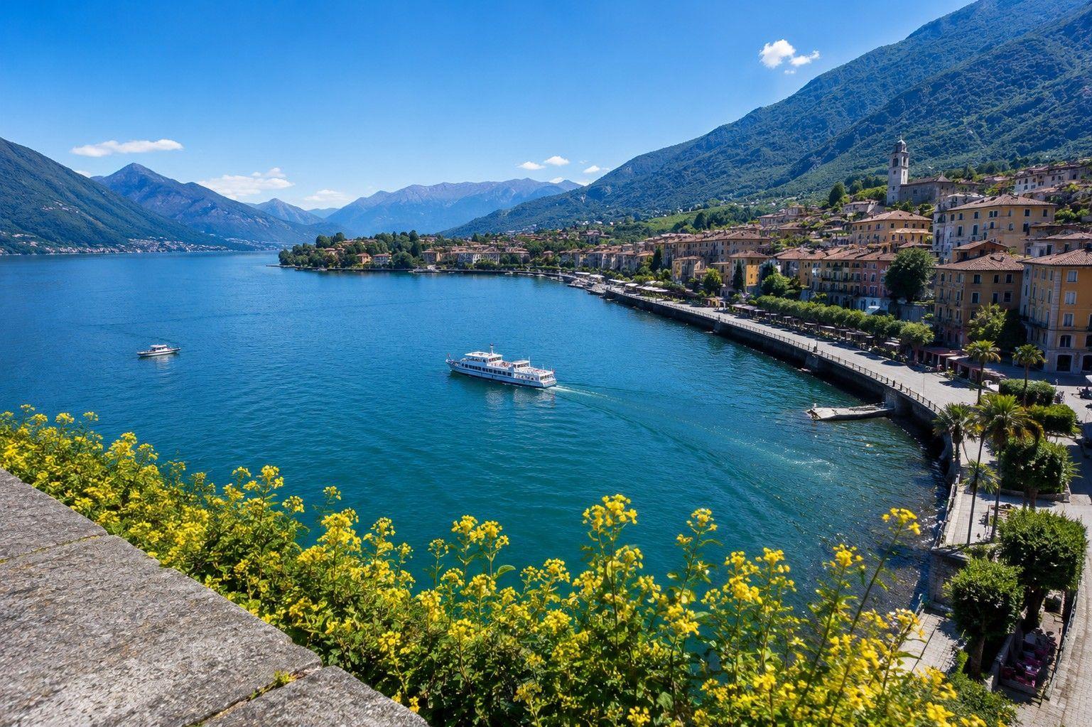 View of the lake, houses along the shore, and boats in the water.