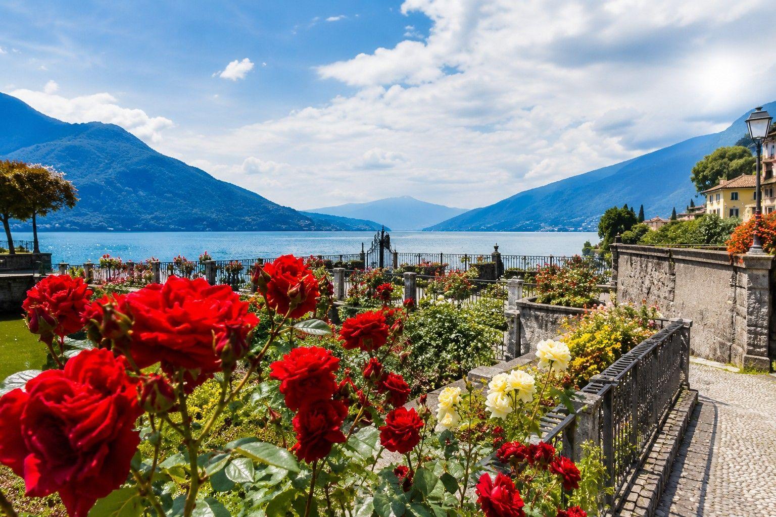 Red and white roses bloom before a lake with mountains in the background.