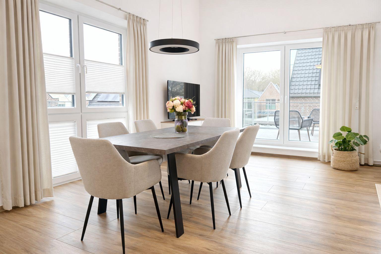 Esszimmer mit Tisch, sechs Stühlen und Blick auf Balkon.