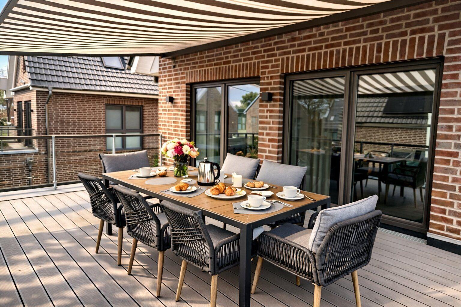 Terrasse mit Tisch, Stühlen und Frühstück. Holzdecke und Zelt. Glasfront zum Haus.