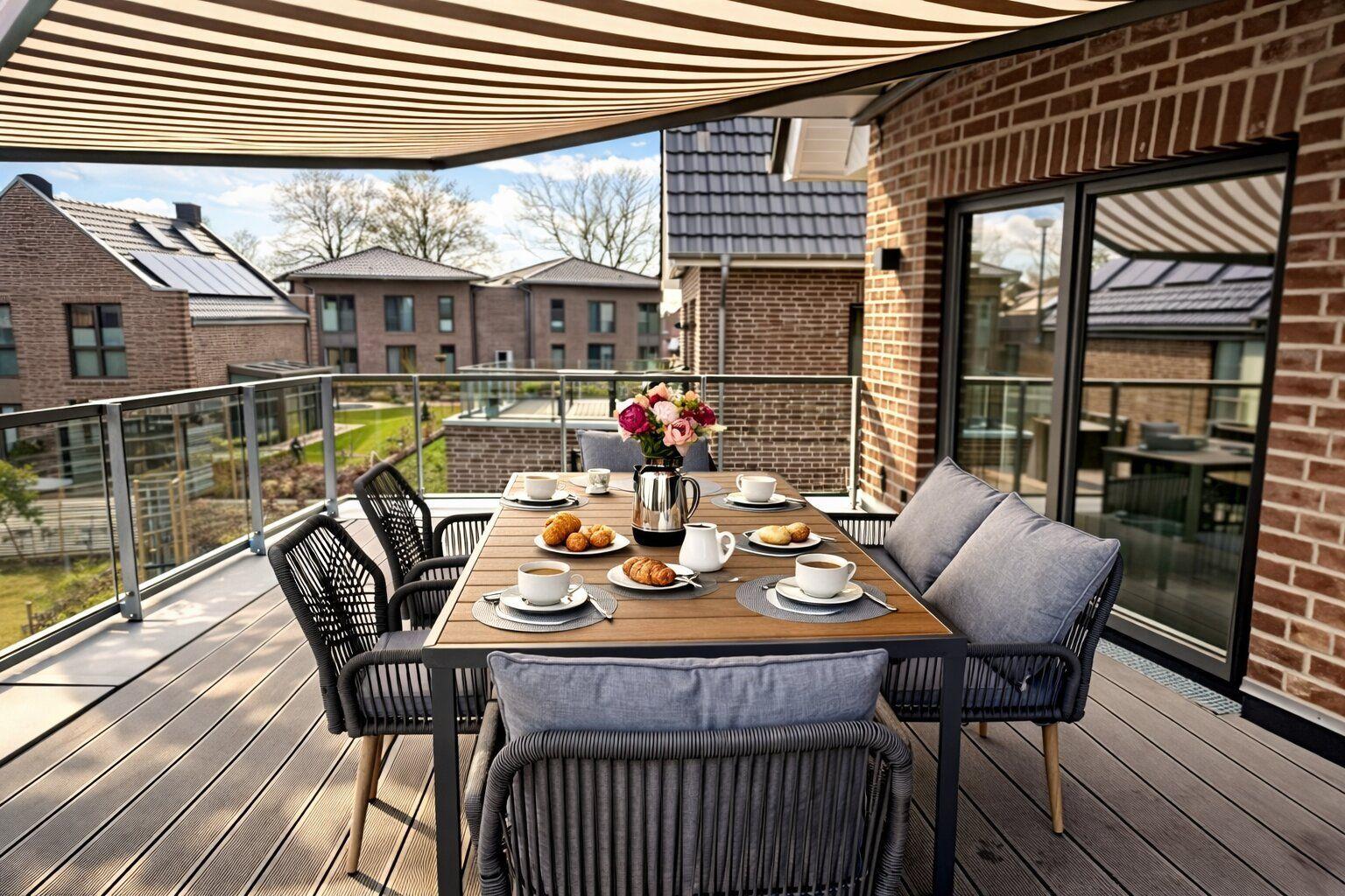 Terrasse mit Esstisch, Stühlen und Sonnenschutz. Blick auf moderne Häuser und Grünflächen.