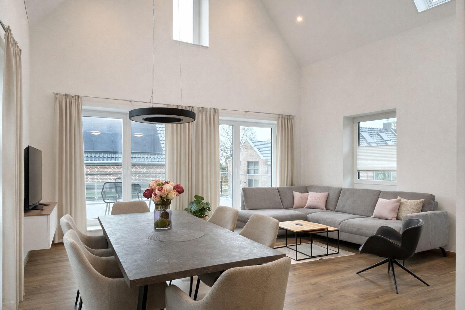 Großer Wohn- und Essbereich mit Sofa, Esstisch und Fenstern.