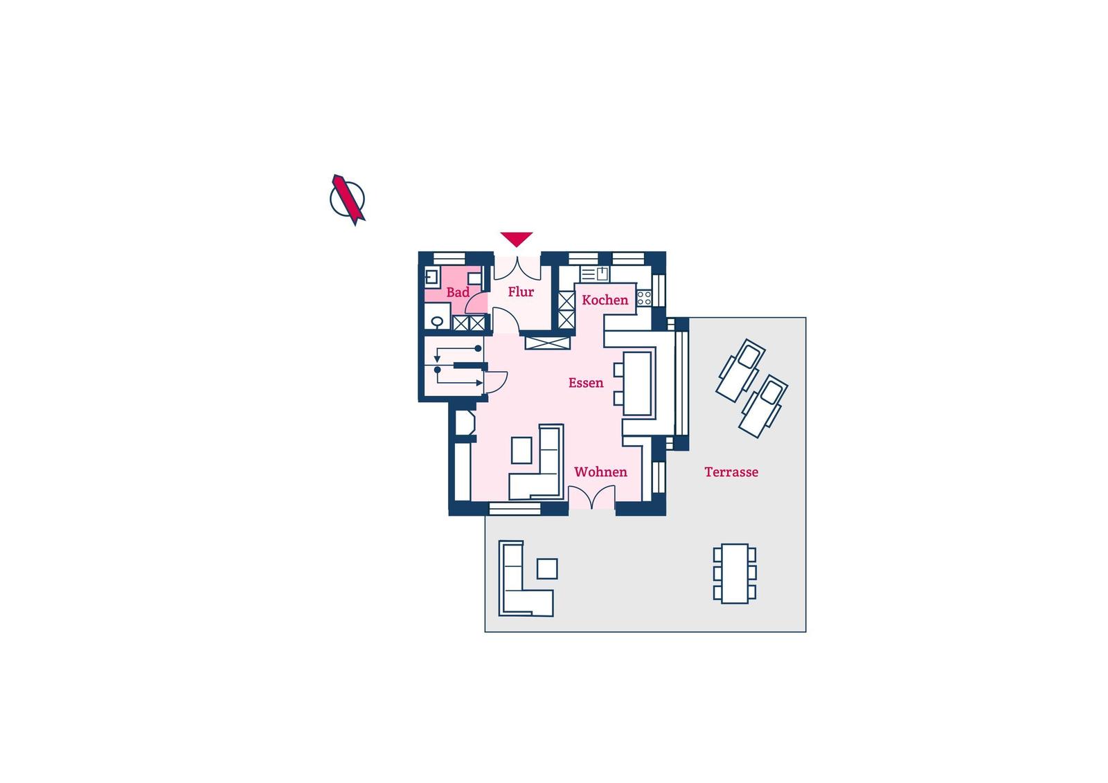 Dieses Apartment hat einen Wohnbereich, eine Küche, ein Bad und eine Terrasse.