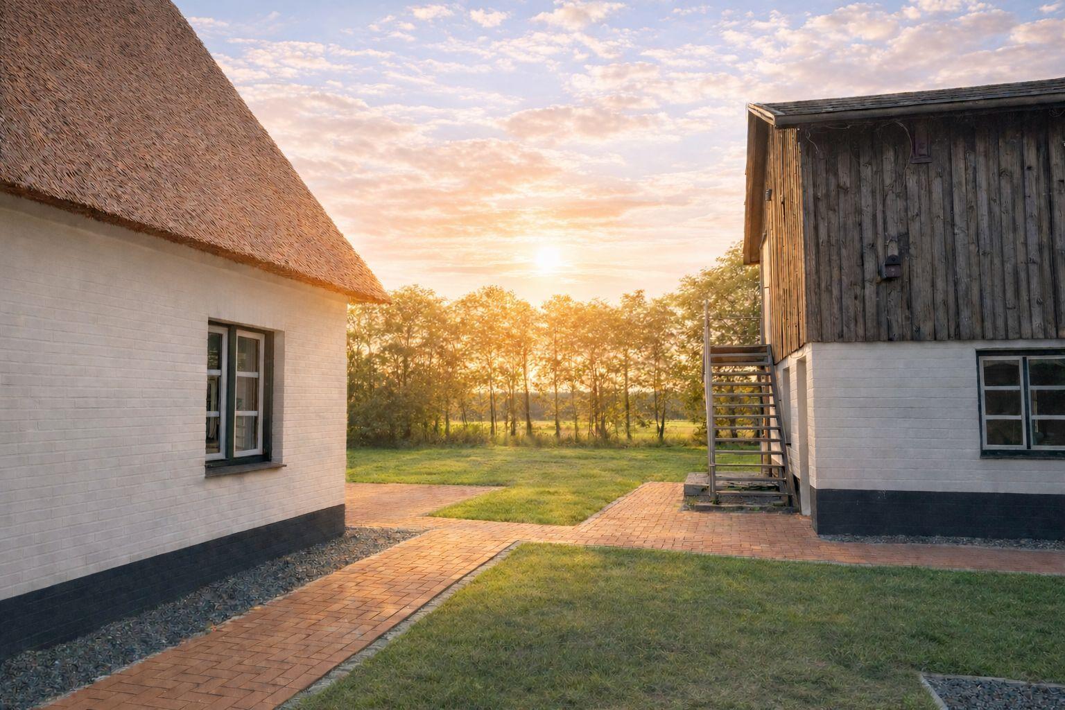 Haus mit Strohdach und Holzgebäude. Terrasse und Grünfläche. Sonne unter Bäumen.