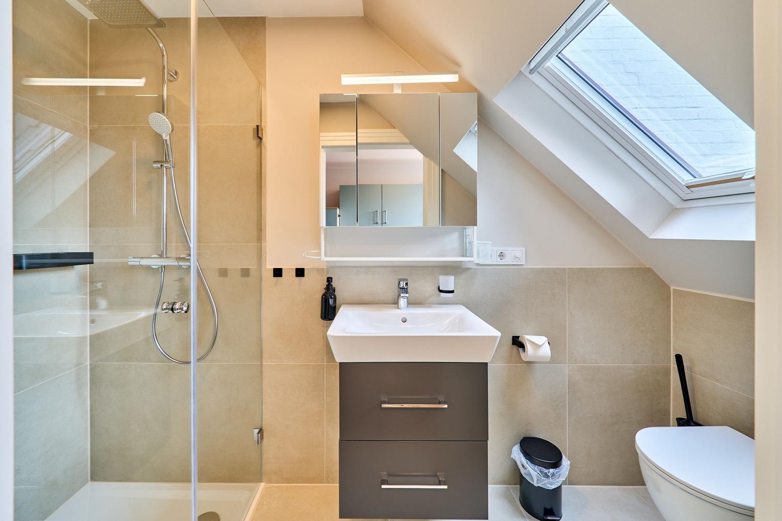 Badezimmer mit Dusche, Waschbecken und Toilette unter Dachschräge mit Dachfenster.