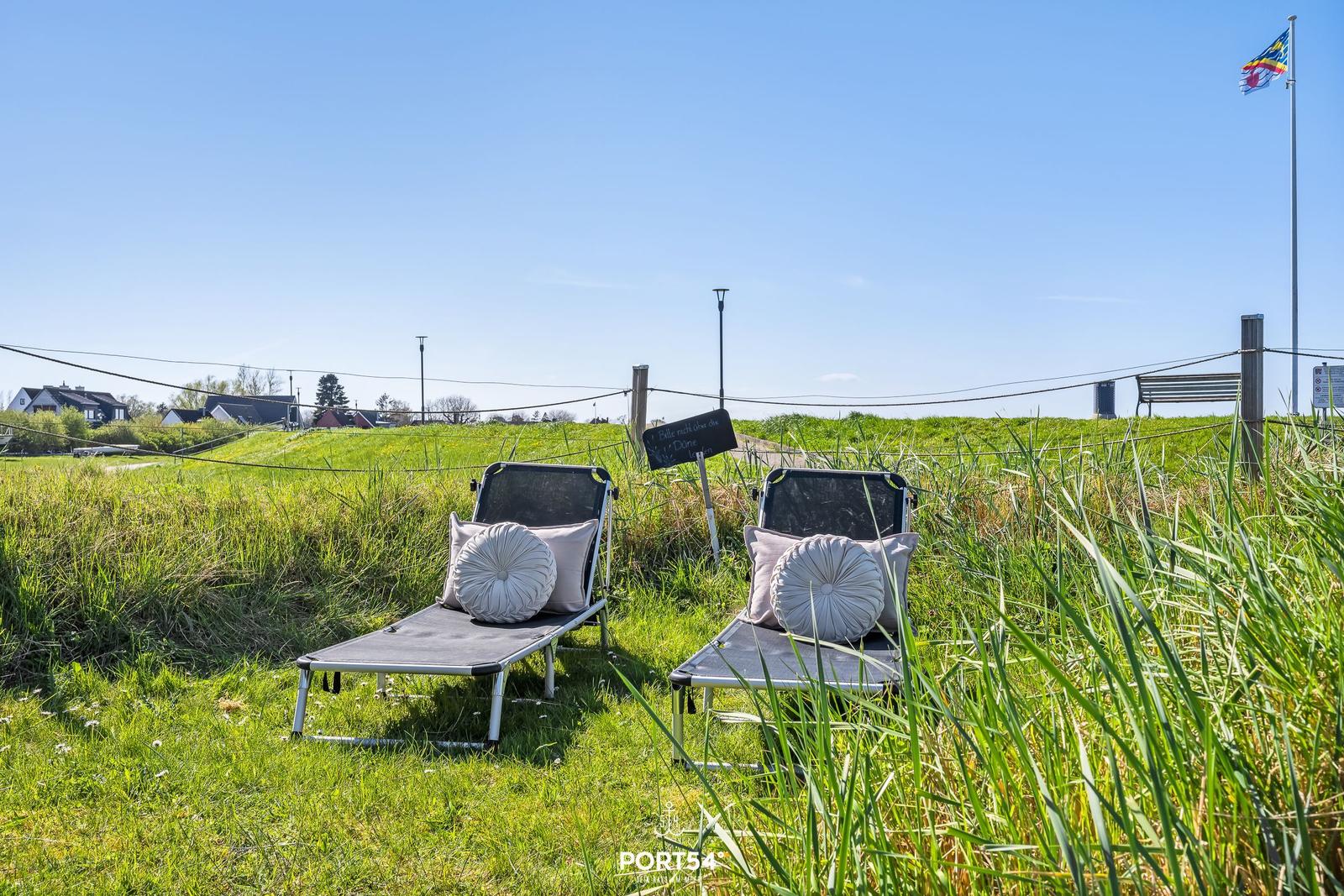 Two lounge chairs with cushions on a green lawn under a blue sky.