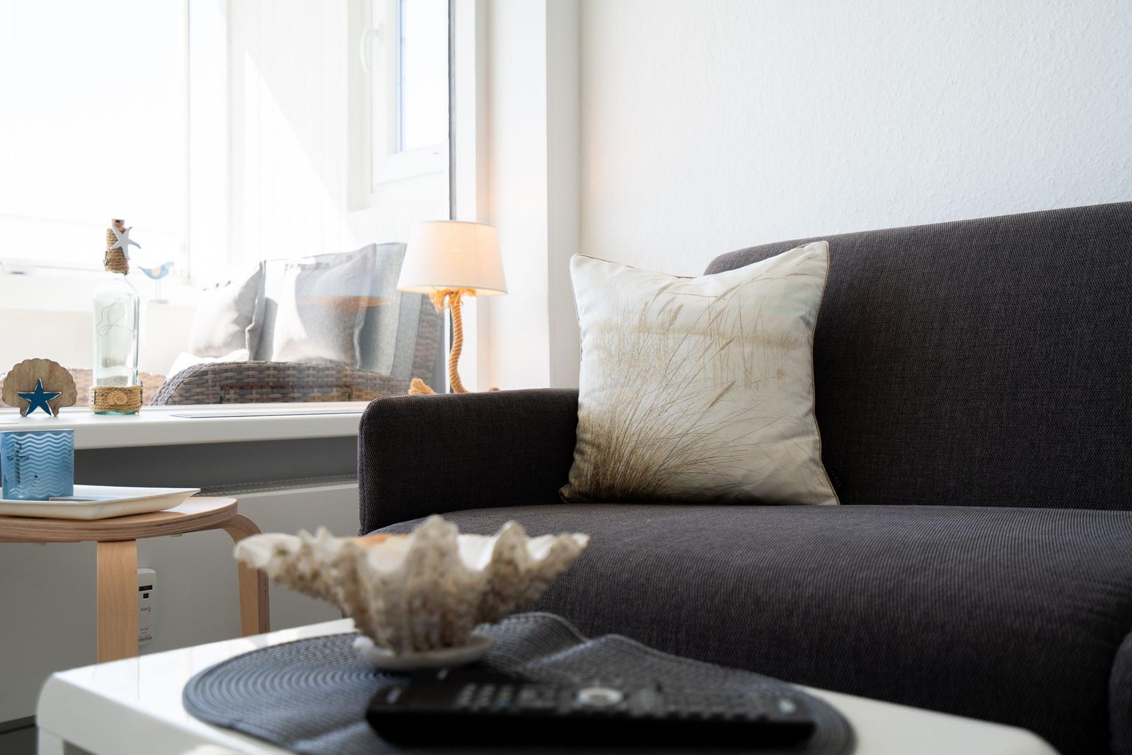 A dark sofa with a pillow, table with a shell and remote, window with decor.