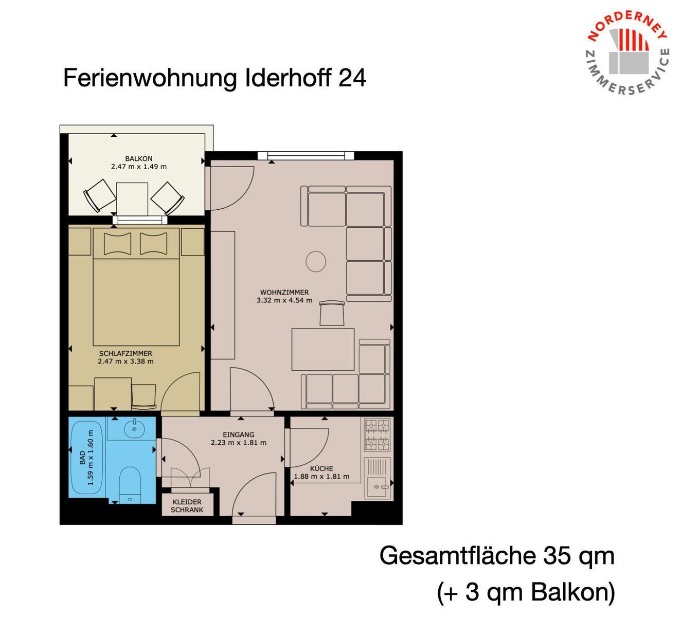 Ferienwohnung mit Schlafzimmer, Wohnzimmer, Küche und Bad. Gesamtfläche 35 qm.