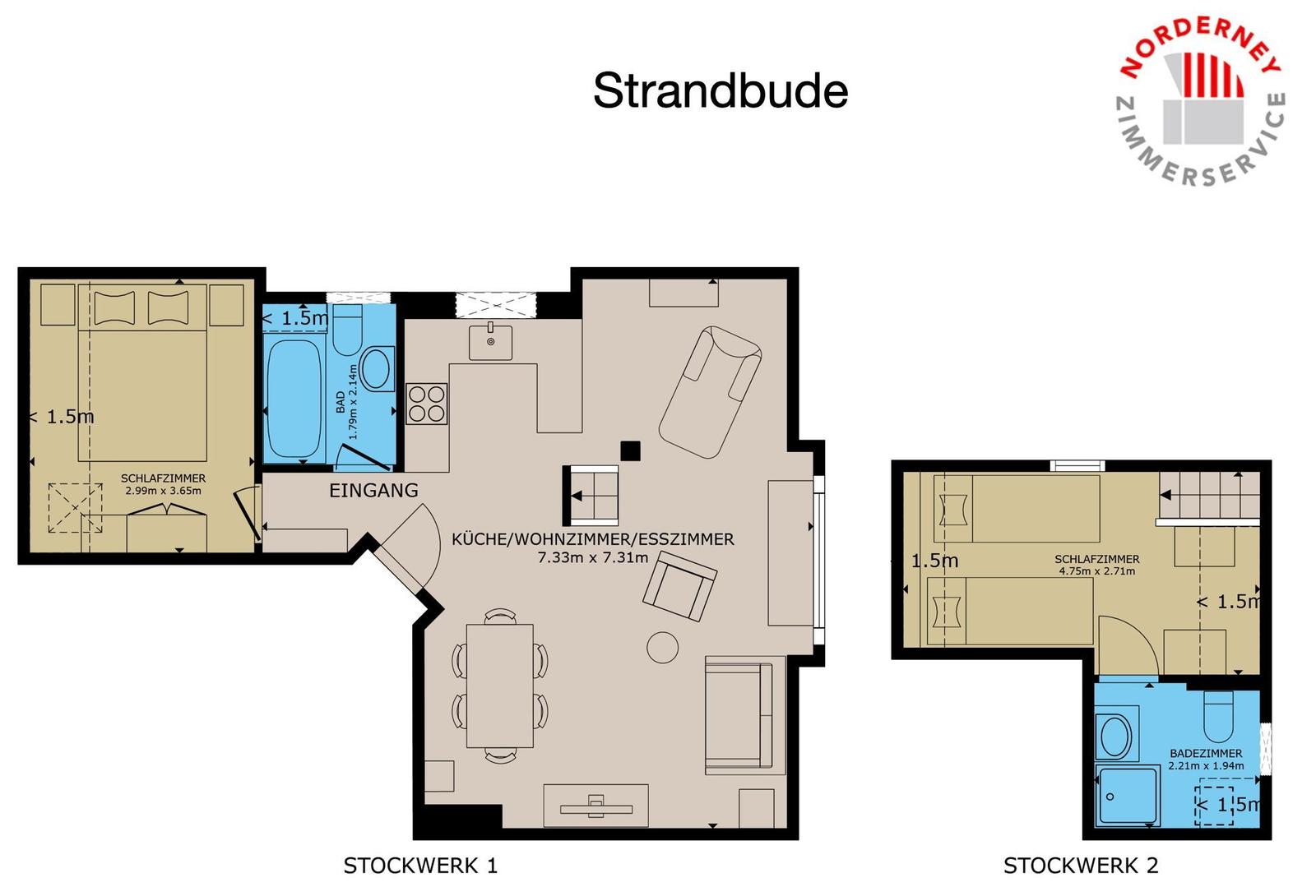 Beach hut with two floors, kitchen, bedrooms, and bathroom.