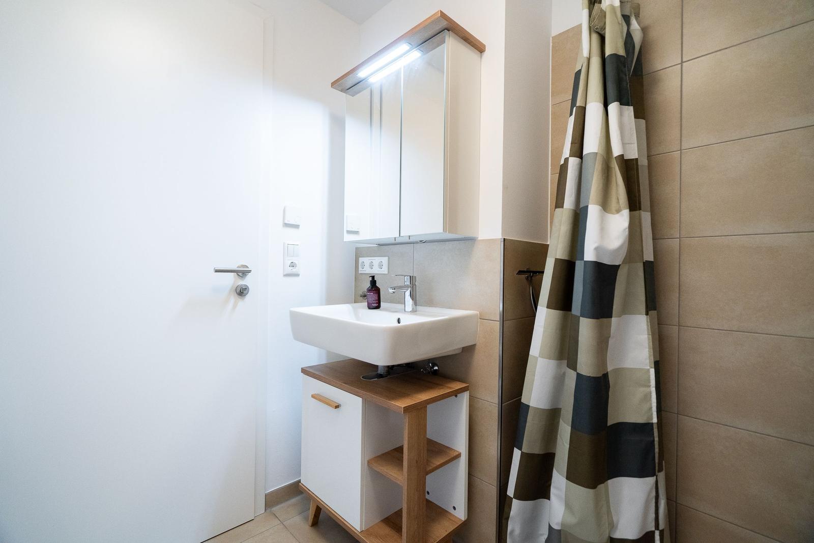 Bathroom with sink, mirror cabinet, and shower curtain.