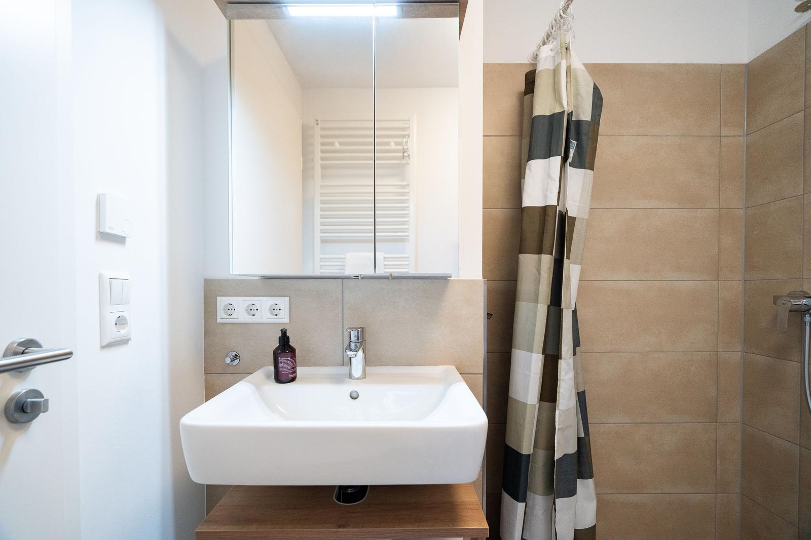Bathroom with sink, mirror, and shower curtain.