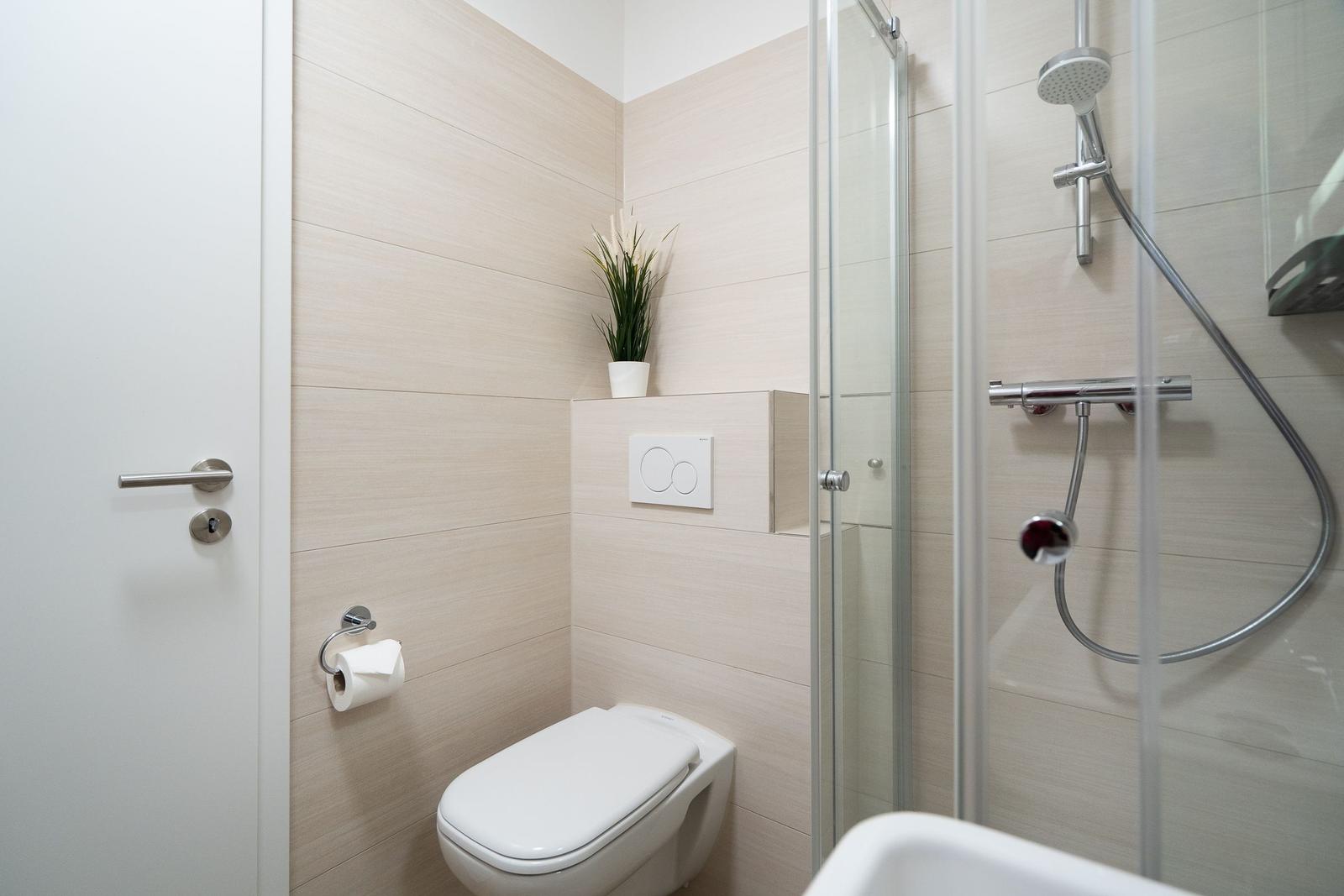 Bathroom with shower, toilet, and plant on the wall.