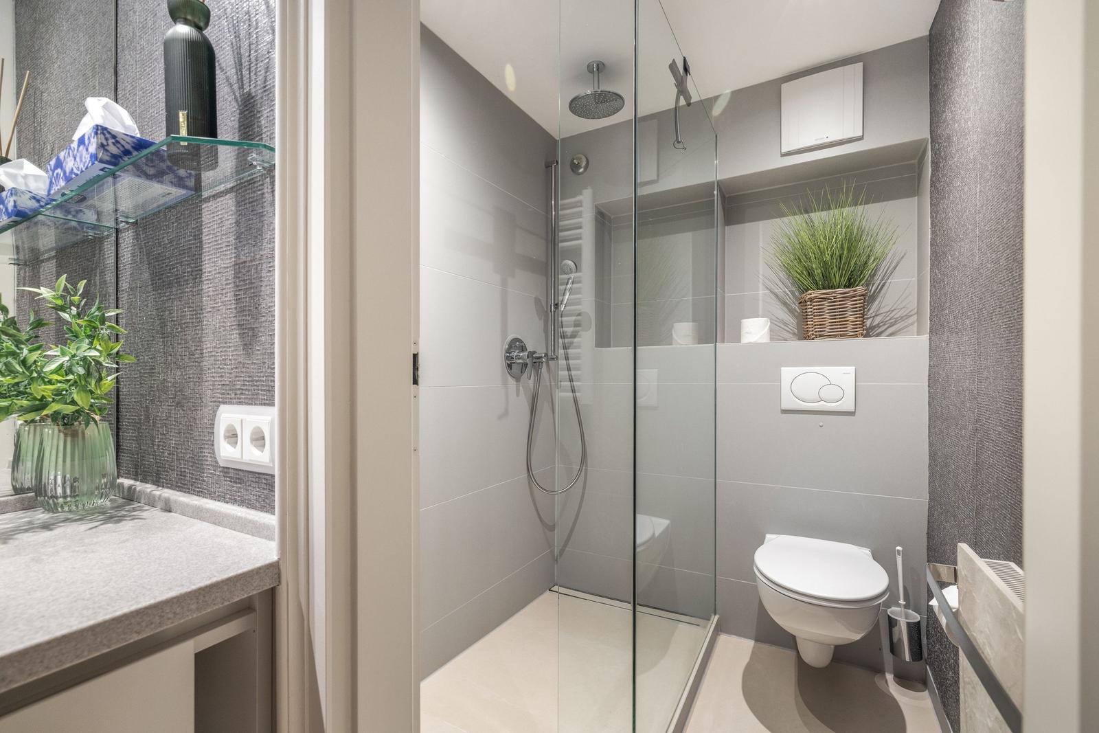 Dusche mit Glaswand, Toilette und Waschbeckenbereich mit Pflanzen.