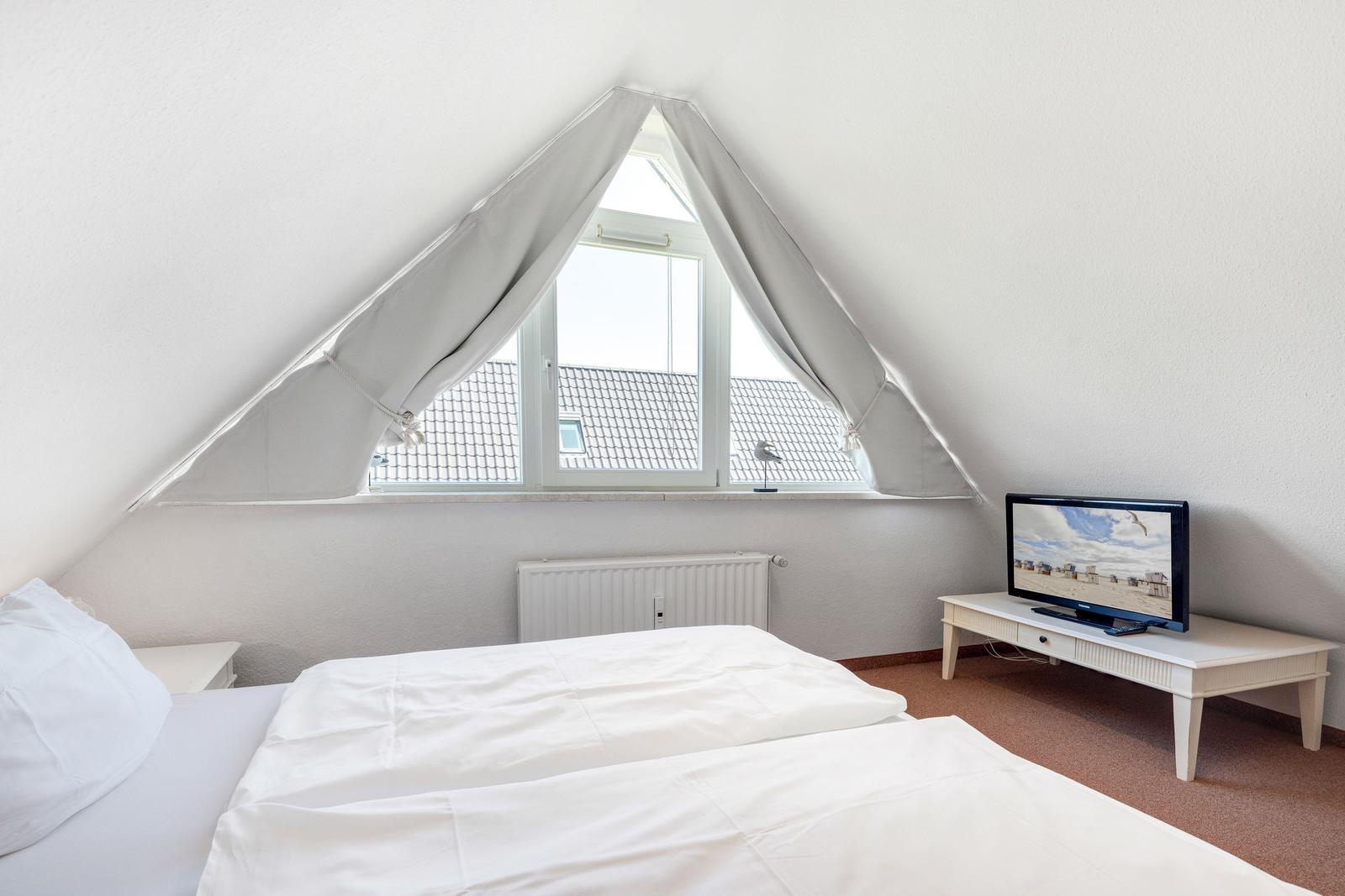 Bedroom with skylight, bed, and TV on table.