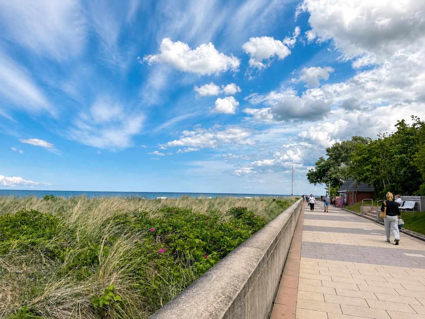 Blick auf einen Strandweg mit Grünflächen und Meer unter einem blauen Himmel mit weißen Wolken.