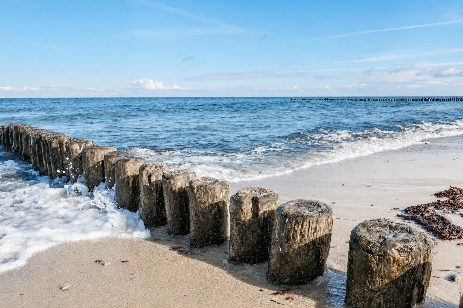 Strand mit Holzpfählen und Wellen, Blick auf das Meer und einen Steg.