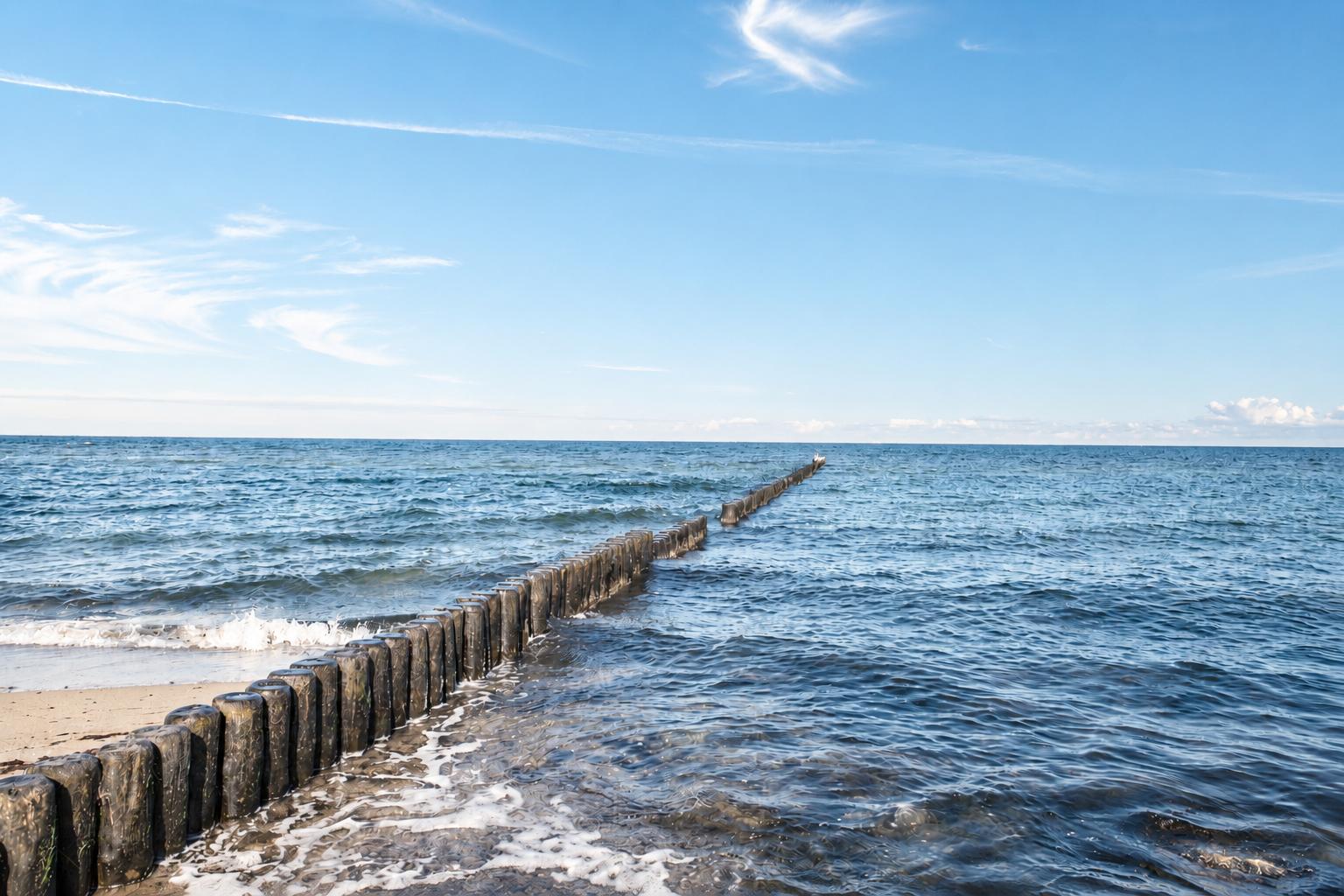 Ein Blick auf das Meer mit einer Holzpfahlreihe am Strand.