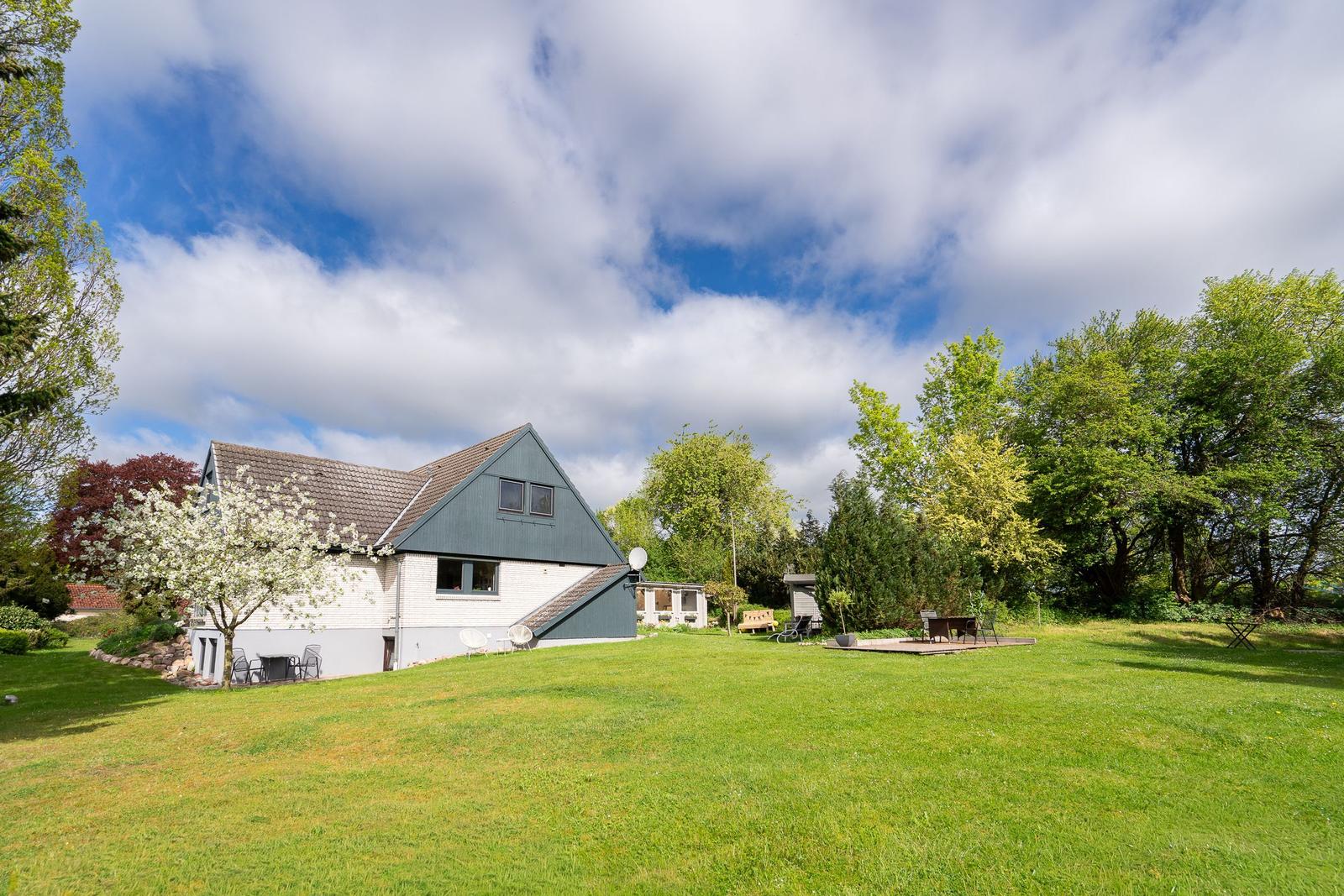 House with large garden, blooming tree, and terrace under blue sky with white clouds.
