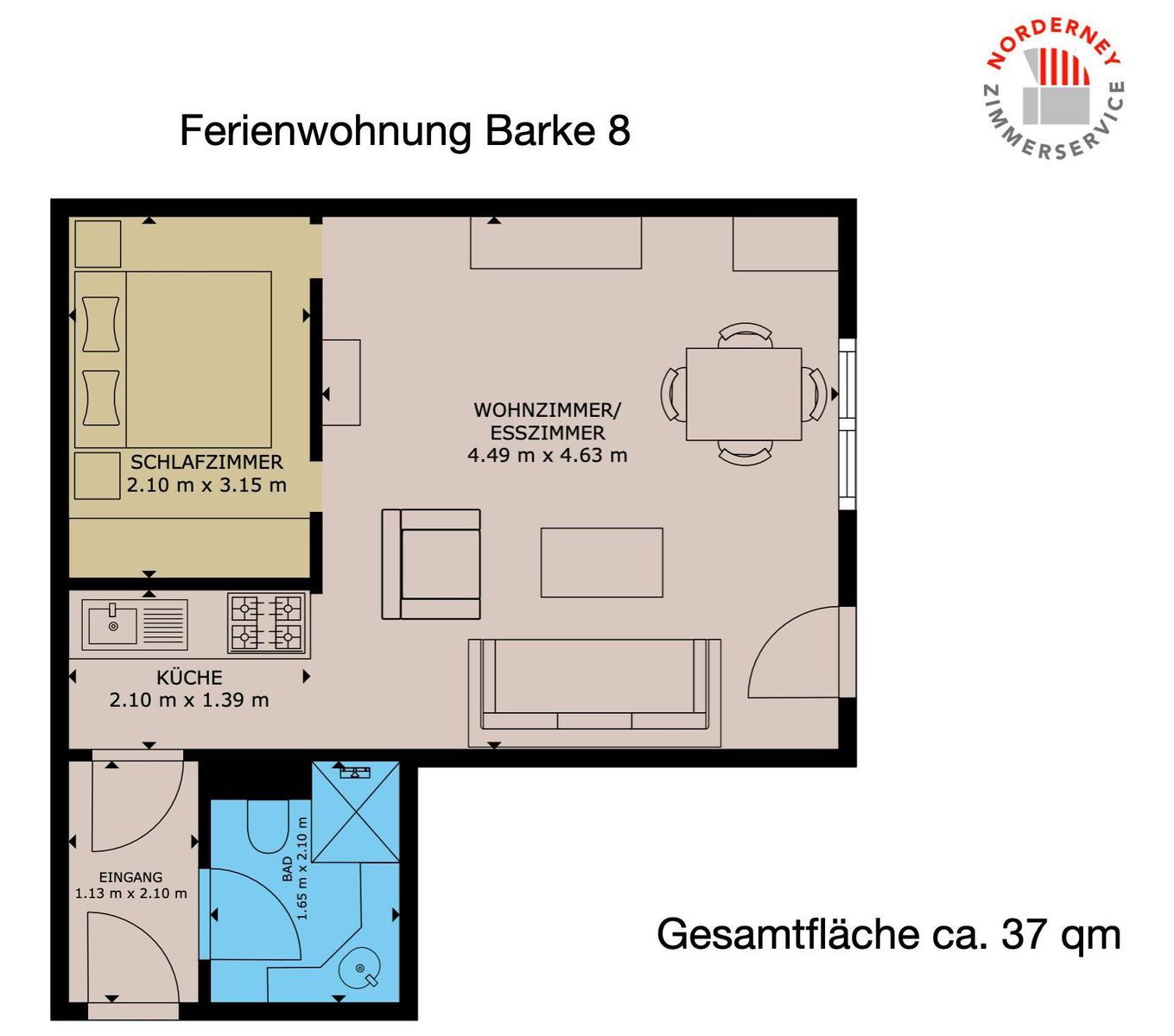 Ferienwohnung mit Schlafzimmer, Küche, Bad und Wohnzimmer/Esszimmer. Gesamtfläche ca. 37 qm.