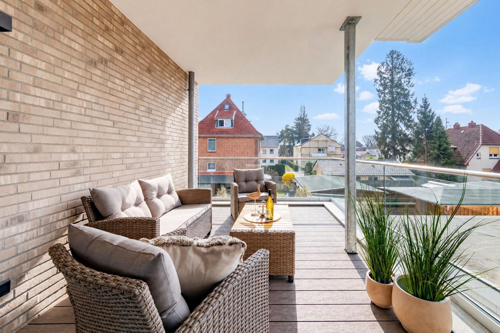 Terrasse mit Sitzgruppe, Pflanzen und Blick auf Wohnhäuser.