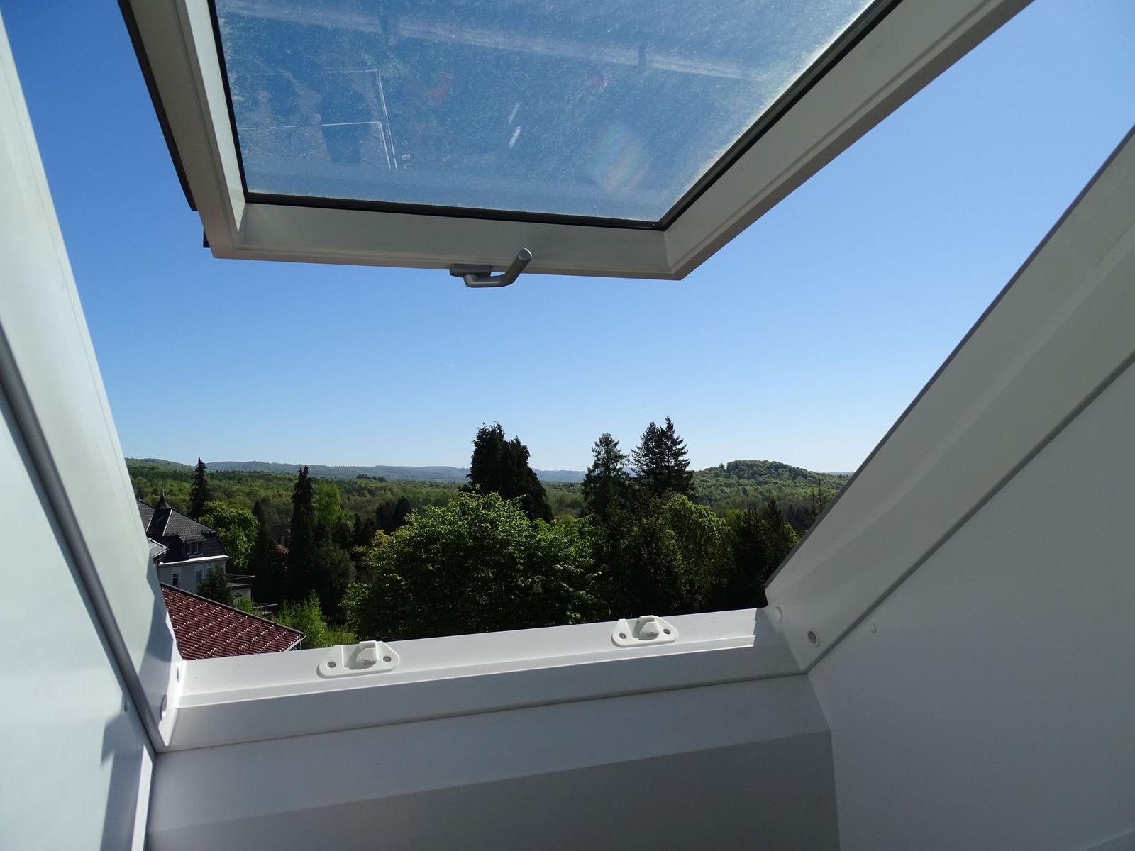 Dachfenster mit Blick auf grüne Landschaft und Häuser.