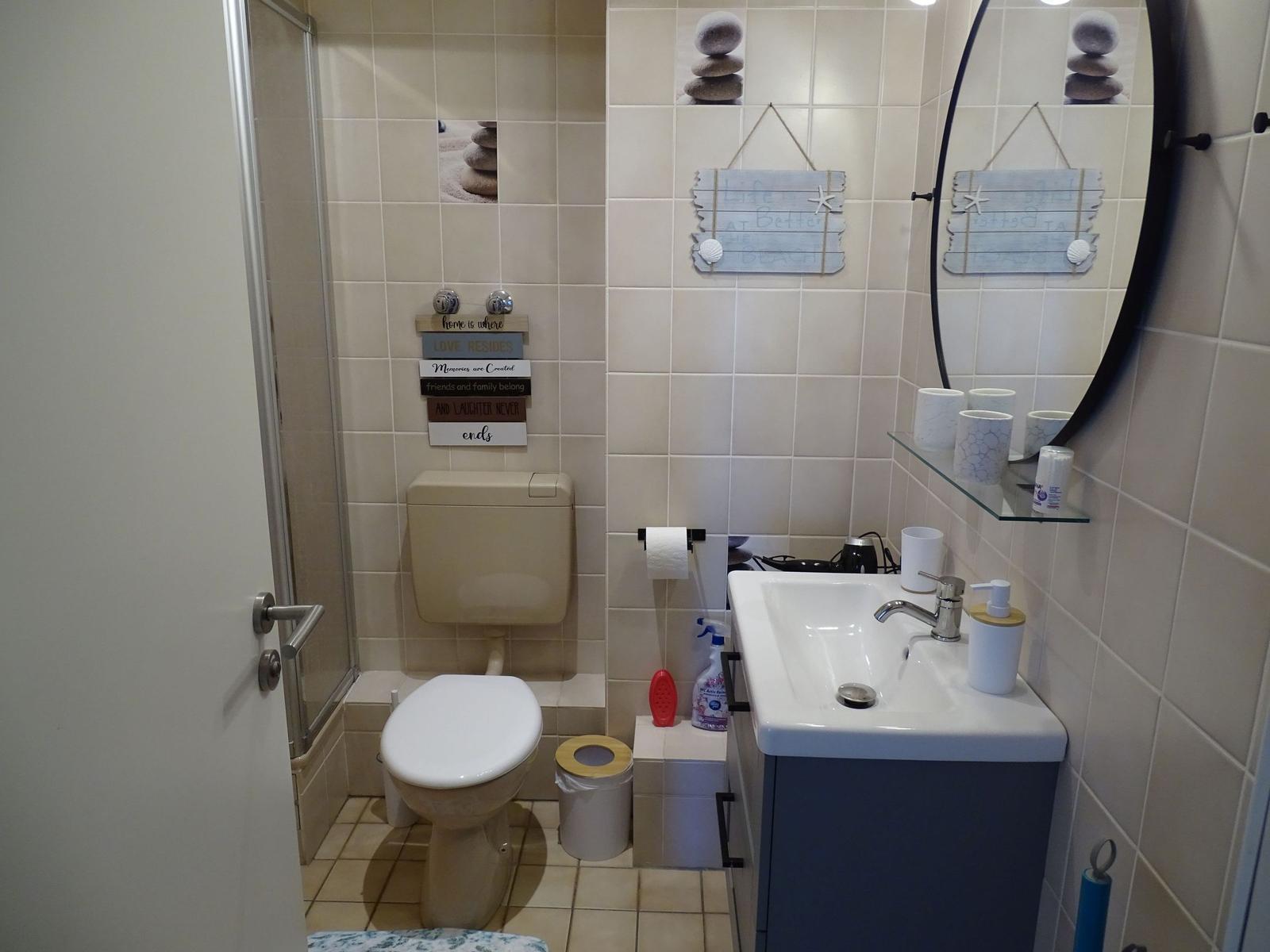 Badezimmer mit Toilette, Waschbecken und Dusche. Wanddekoration und Spiegel sichtbar.