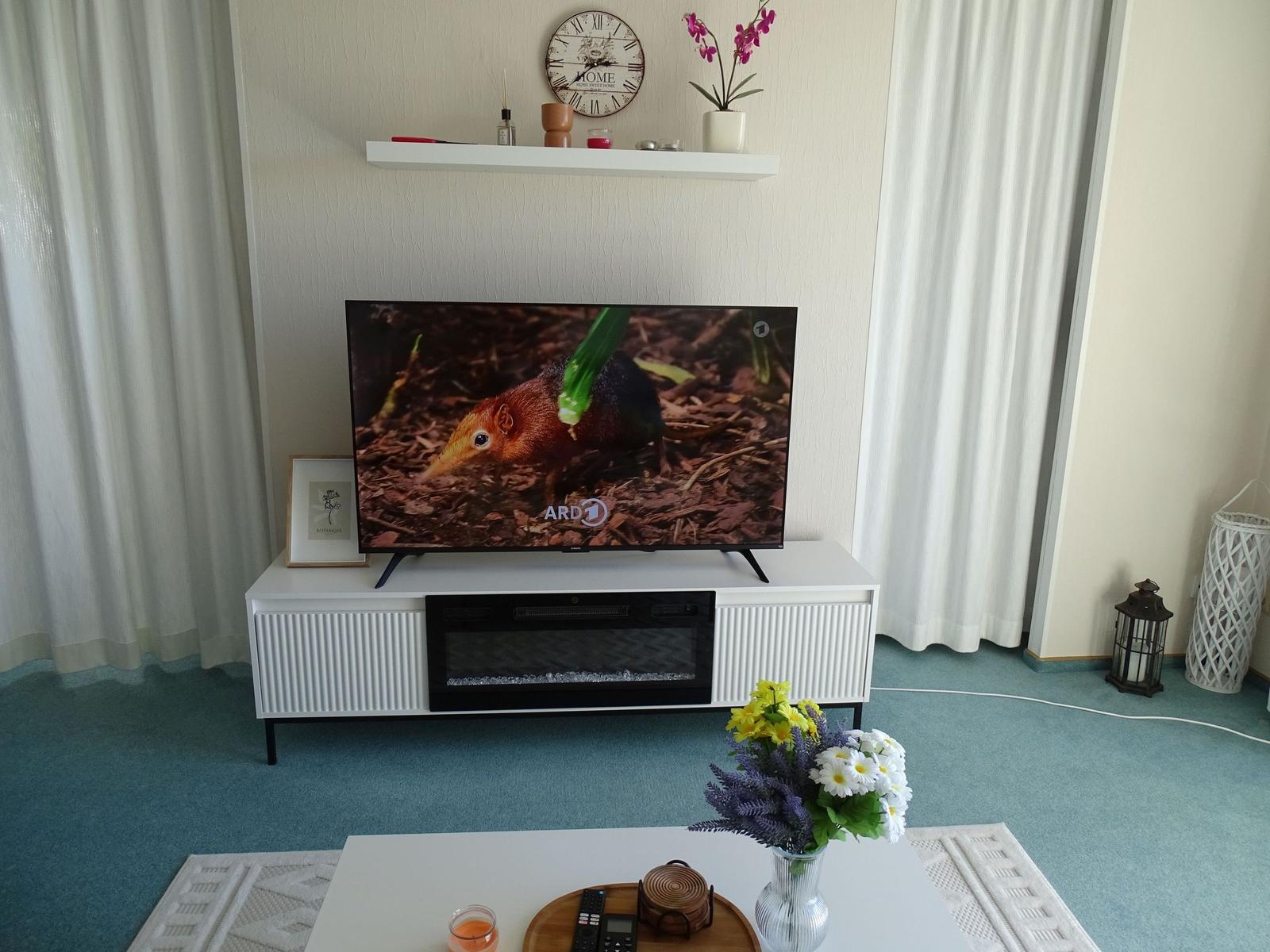 TV auf weißem Möbel mit integriertem Kamin, Blumen auf Tisch, Wanduhr und Orchidee.