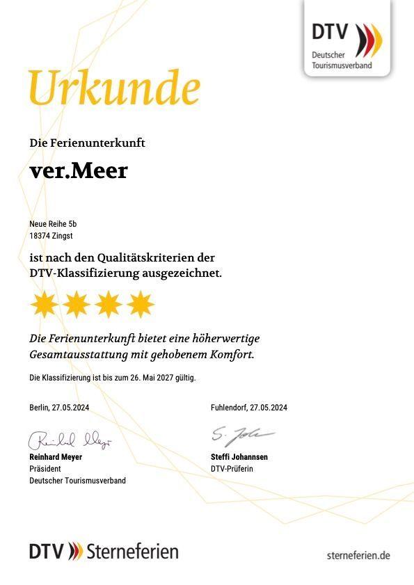 Ferienunterkunft ver.Meer wurde nach DTV-Kriterien fünf Sterne ausgezeichnet.