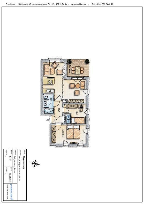 Wohnung mit Küche, Bad, Schlafzimmer und Terrasse. Flur und Waschraum sind vorhanden.