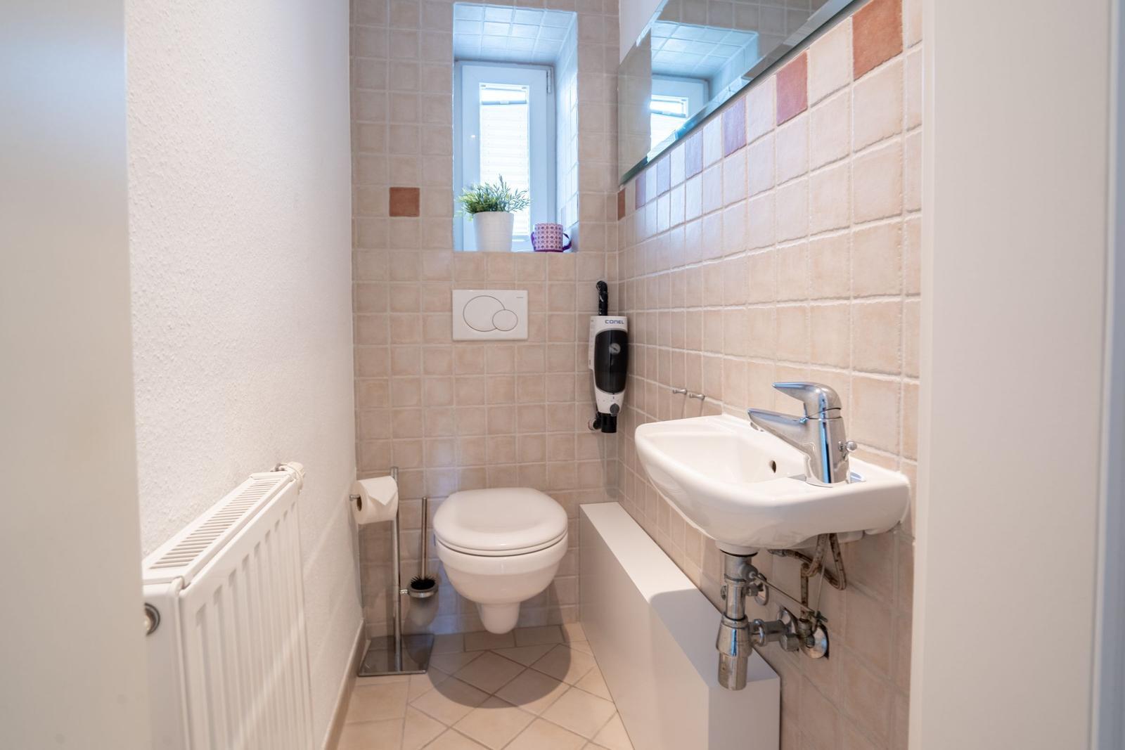 Bathroom with toilet, sink, and window