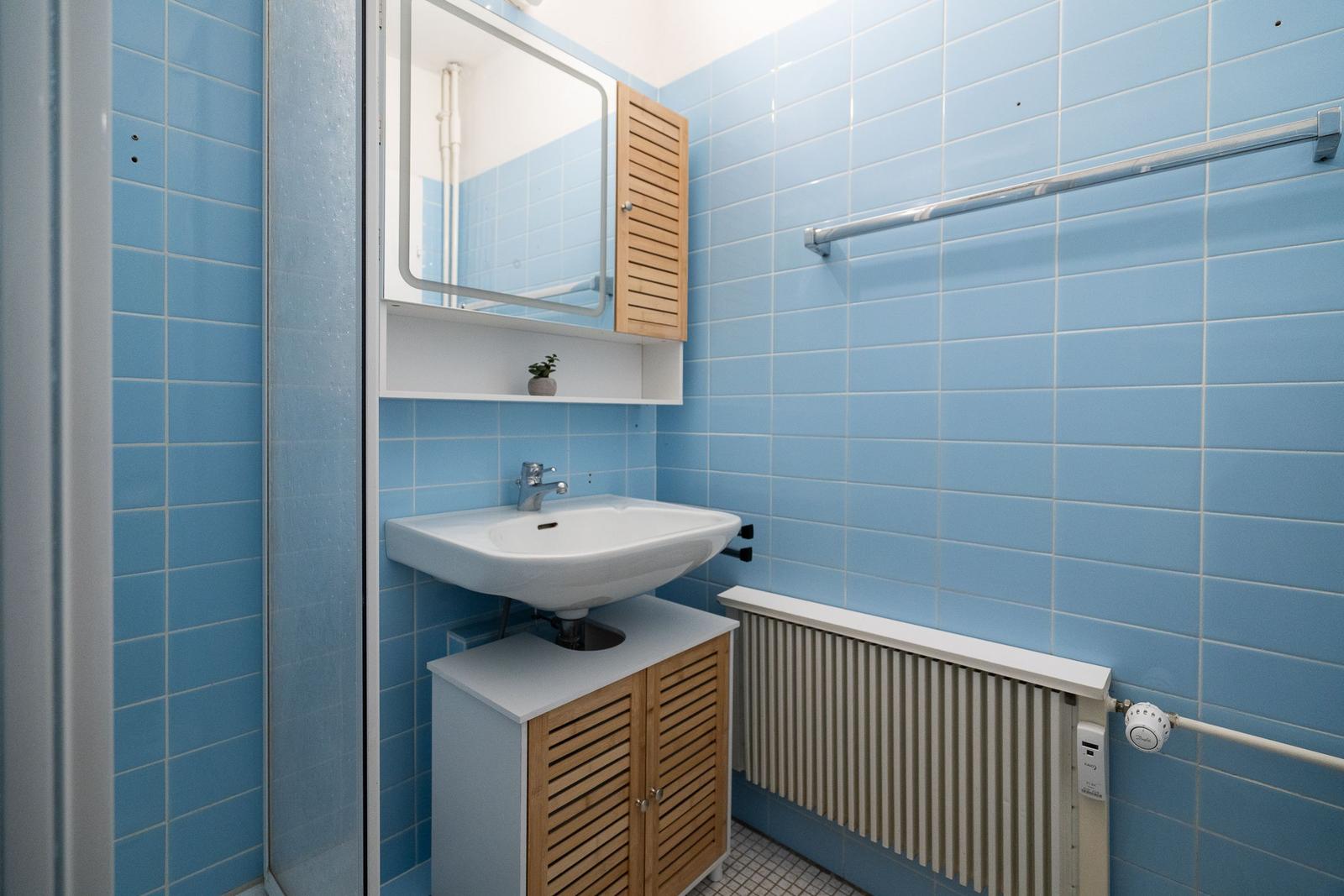 Bathroom with blue tiles, sink, and mirror cabinet.